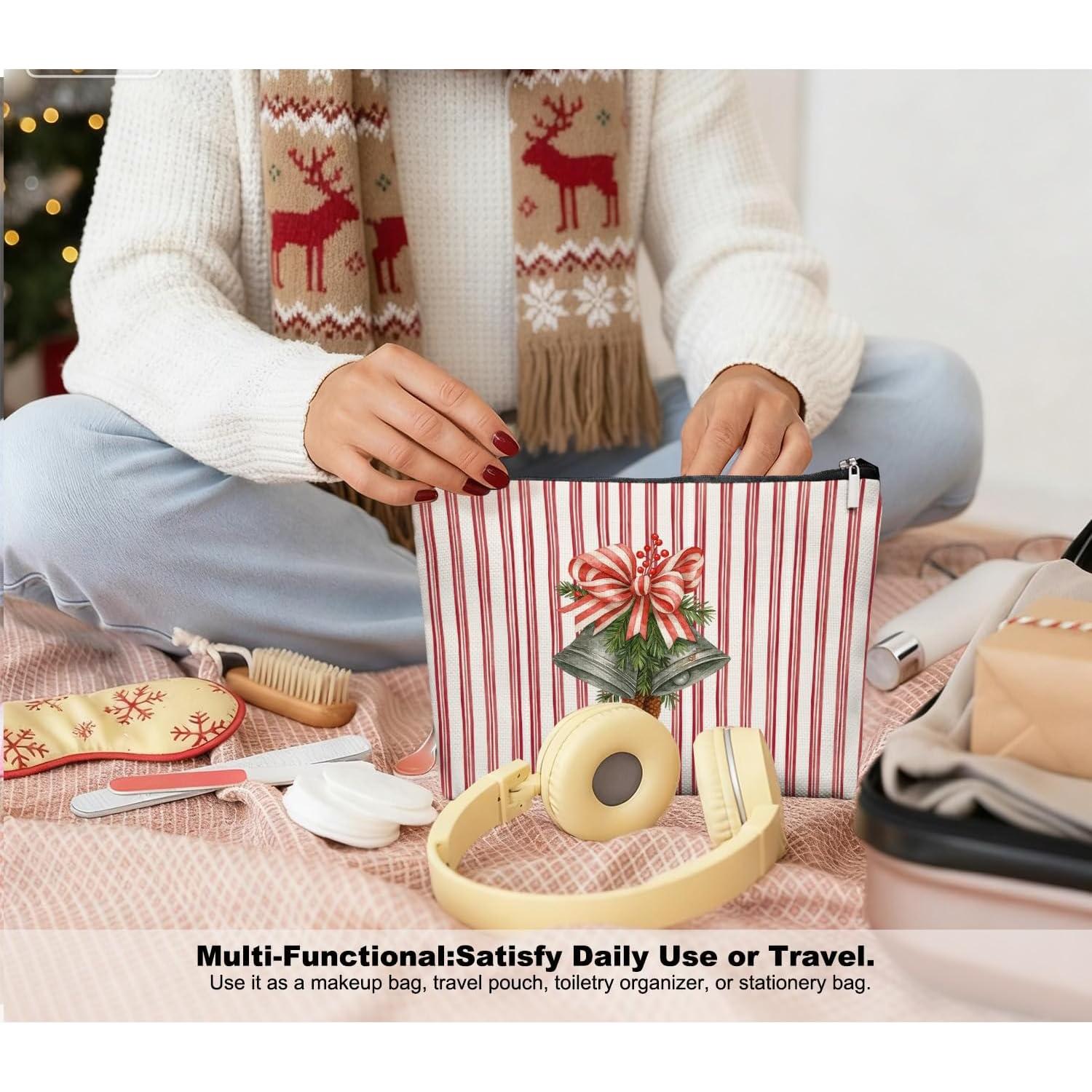 Bolsa de Maquillaje Navideña EKGJW con Campanas y Rayas
