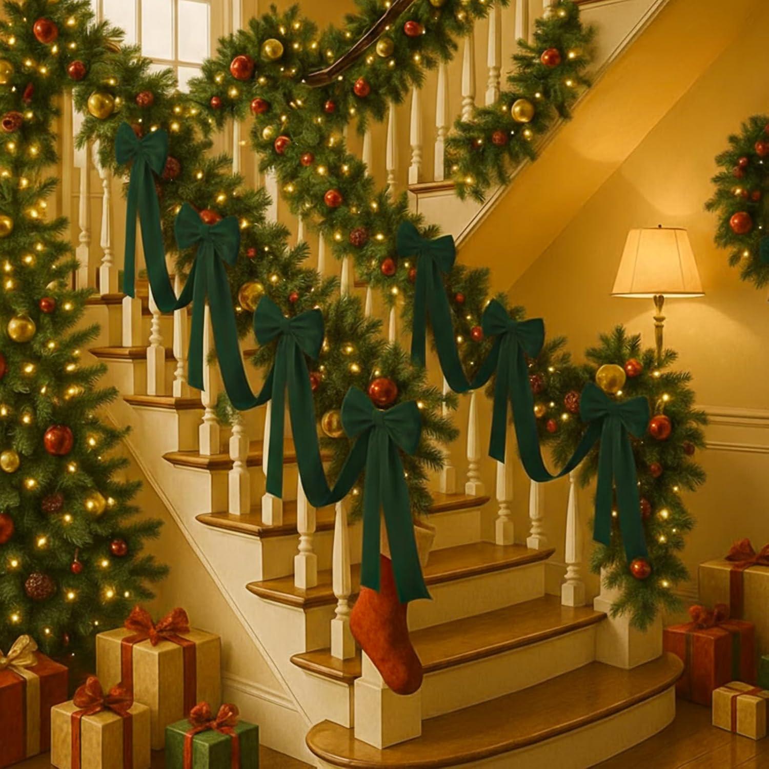 Guirnalda de Navidad Civaner 5 m con 6 Lazos de Terciopelo Verde