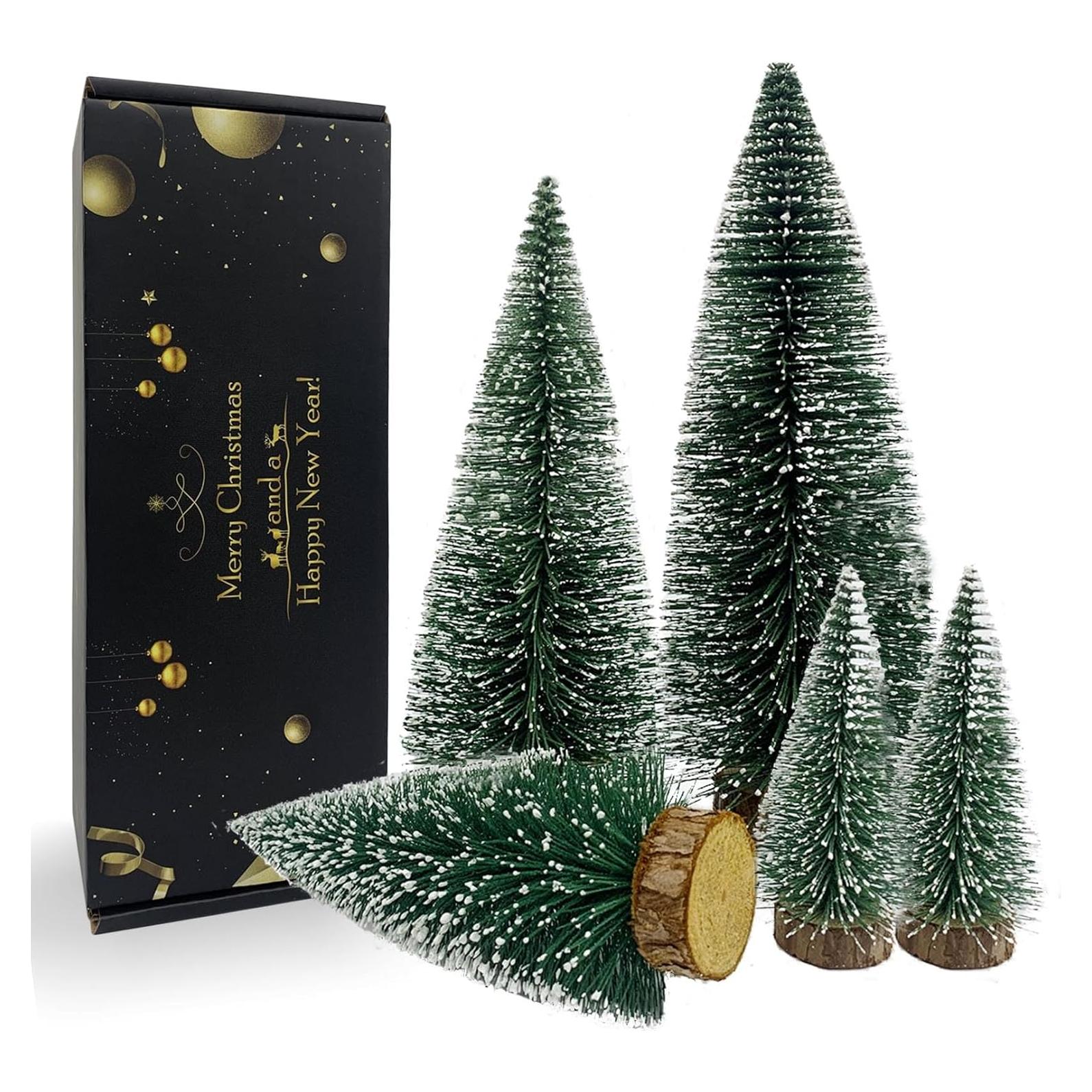 Mini Árboles de Navidad ANTUNIHOD 5pcs con Nieve y Base de Madera