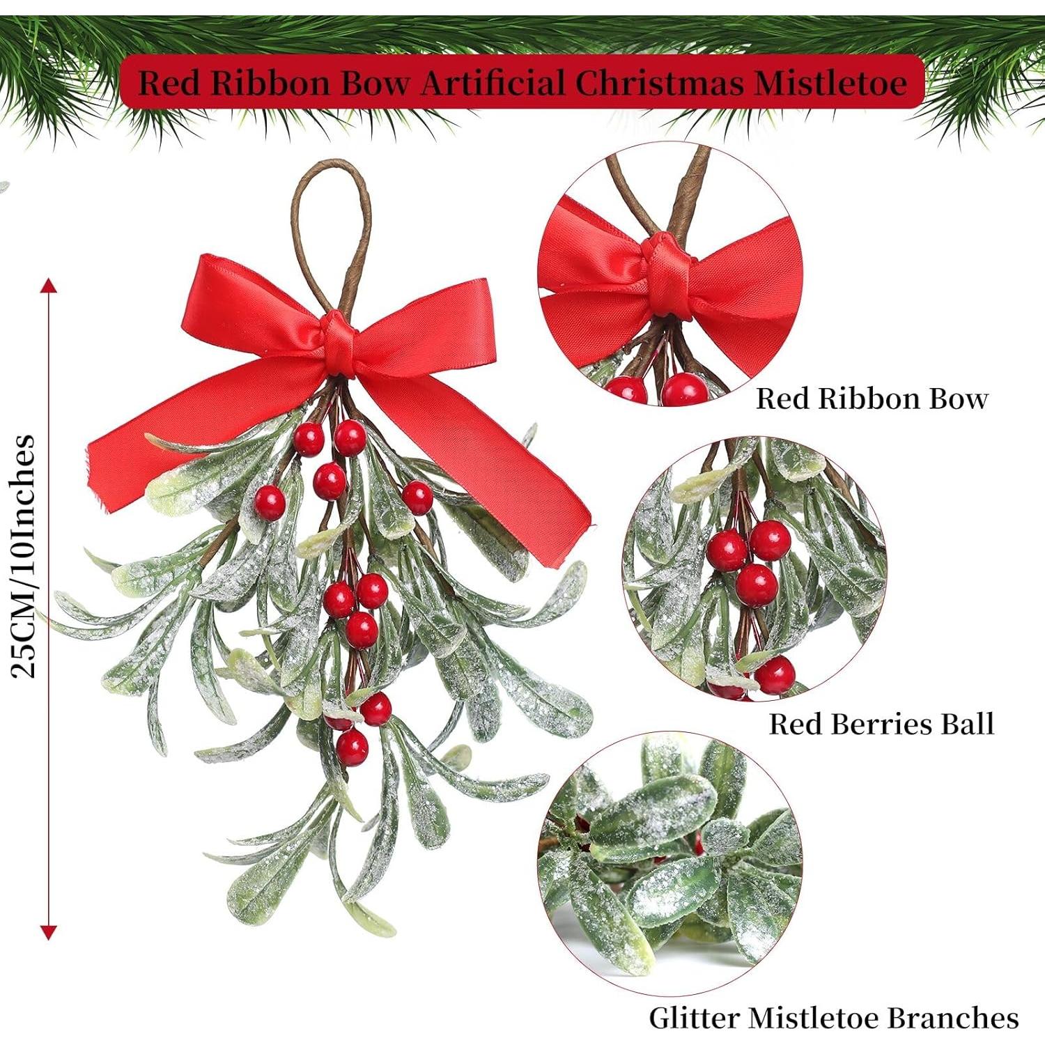 Adorno Navideño de Muérdago Artificial con Lazo Rojo 23cm