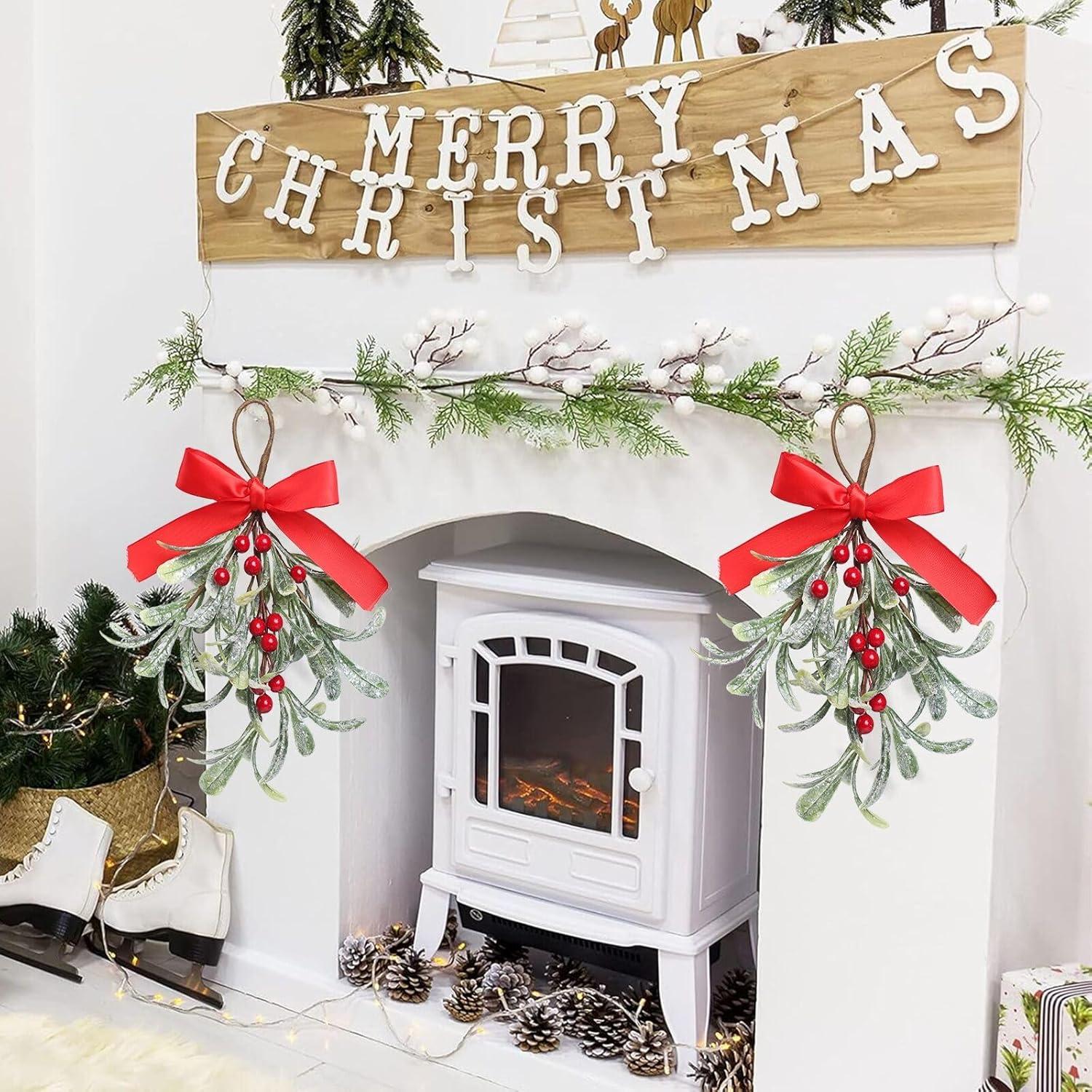 Adorno Navideño de Muérdago Artificial con Lazo Rojo 23cm