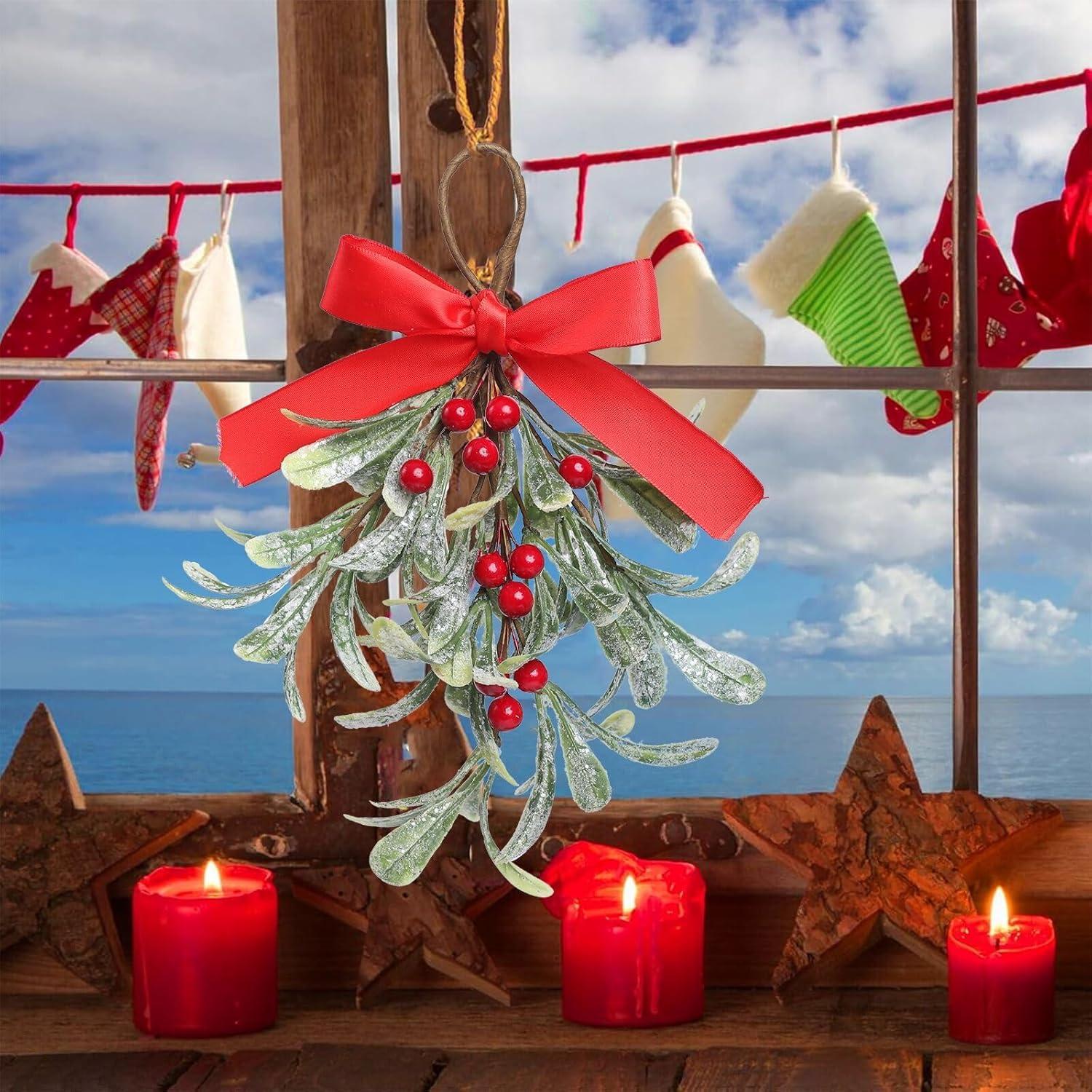 Adorno Navideño de Muérdago Artificial con Lazo Rojo 23cm