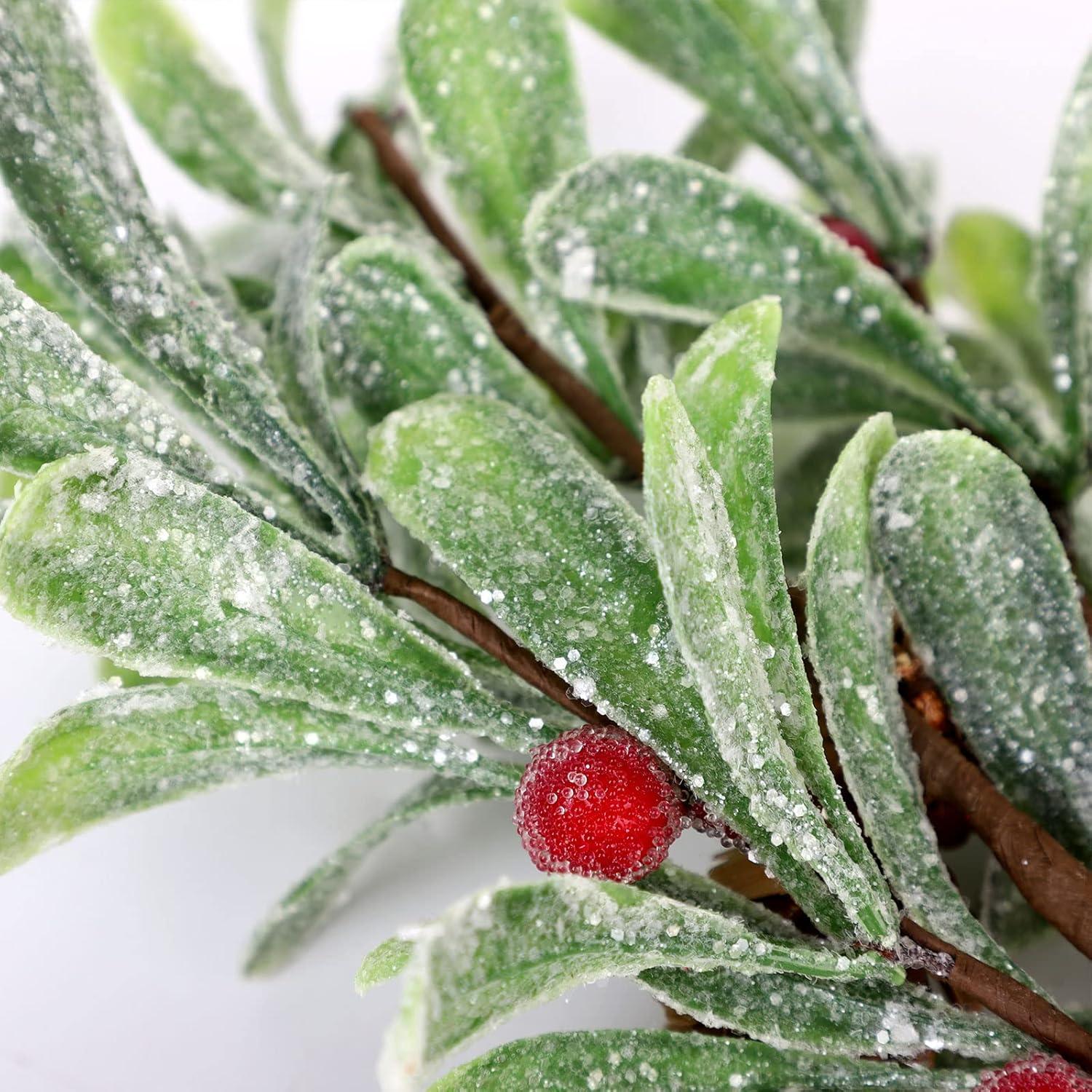 Muérdago Artificial Escarchado Melostu 20cm con Berries Rojas