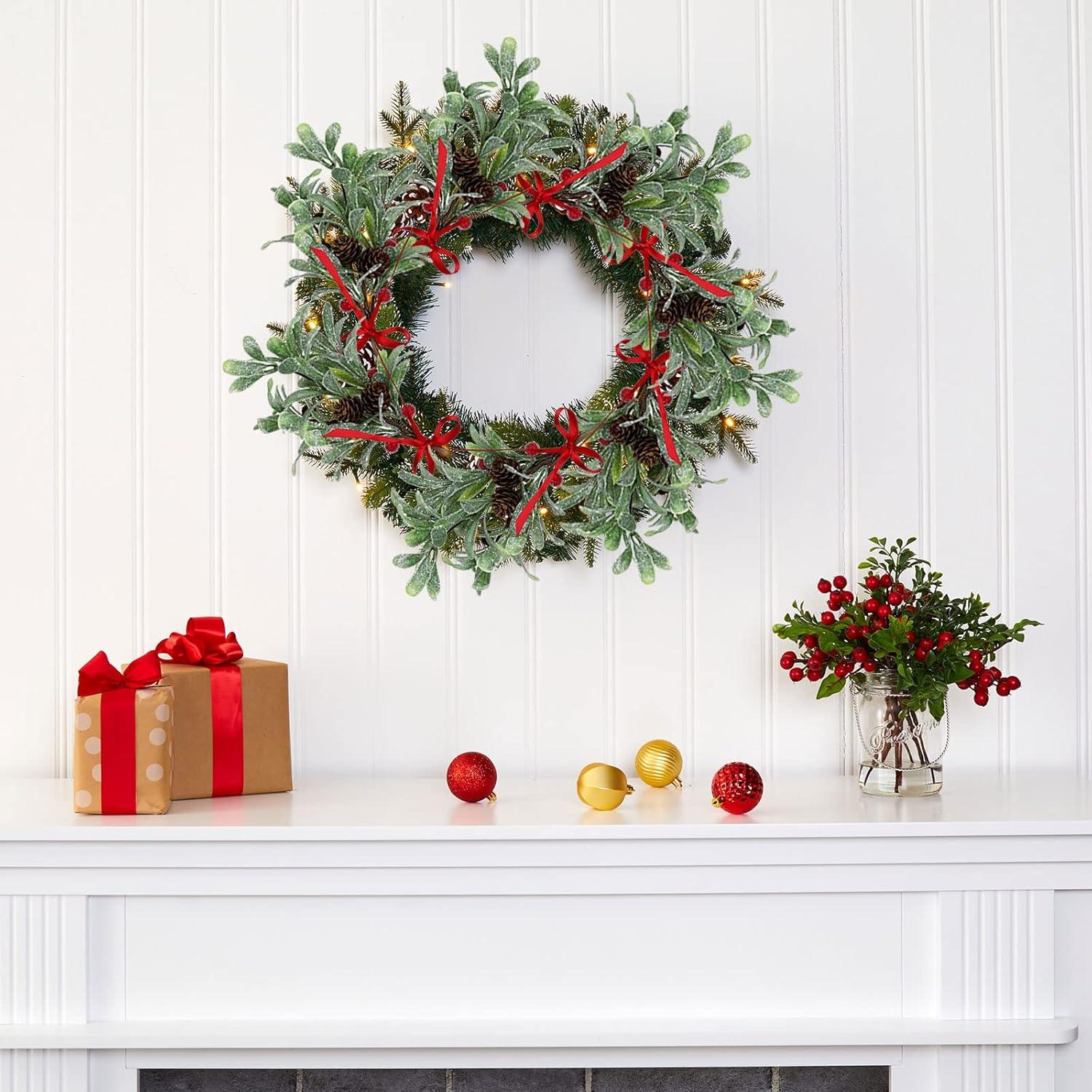 Muérdago Artificial Escarchado Melostu 20cm con Berries Rojas