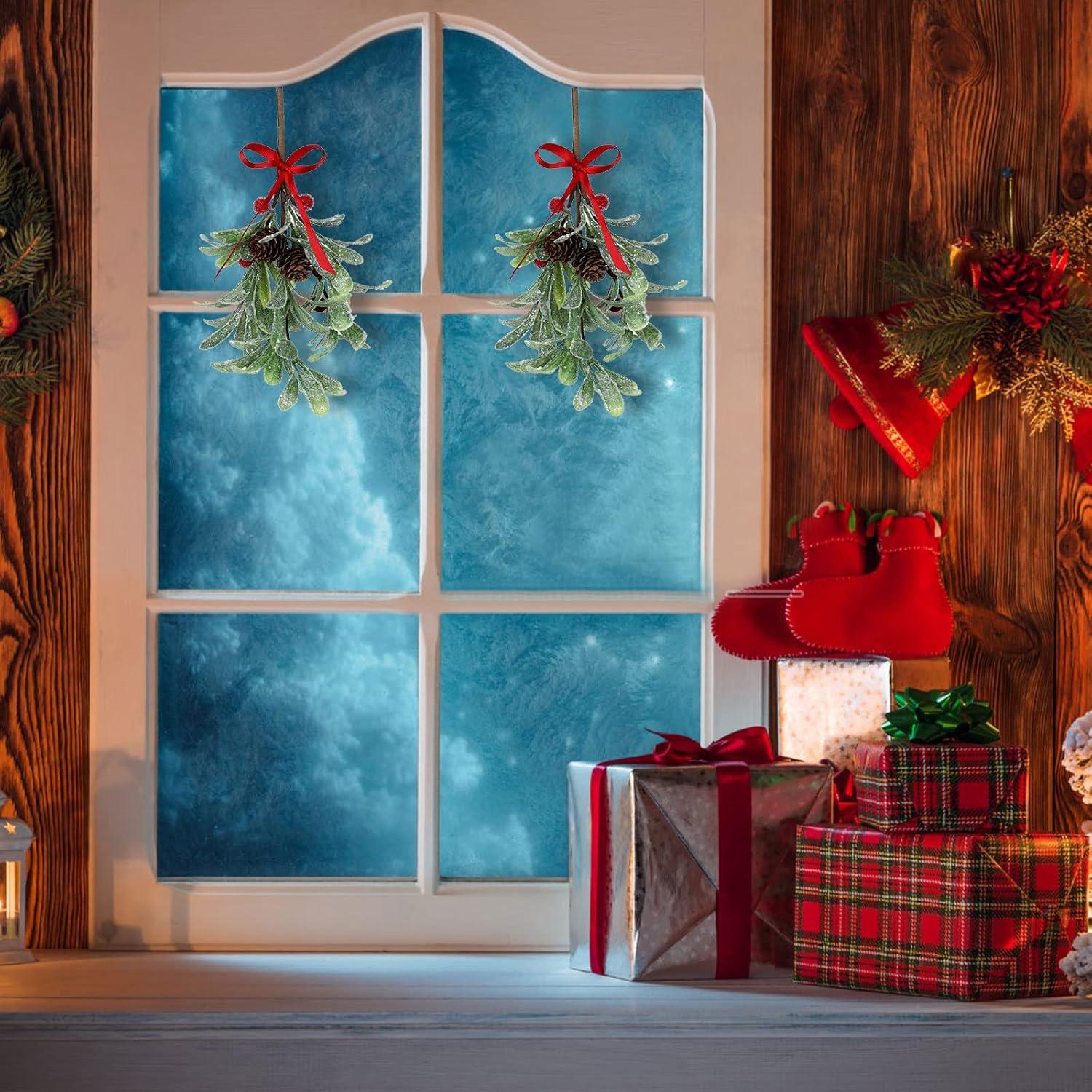 Muérdago Artificial Escarchado Melostu 20cm con Berries Rojas