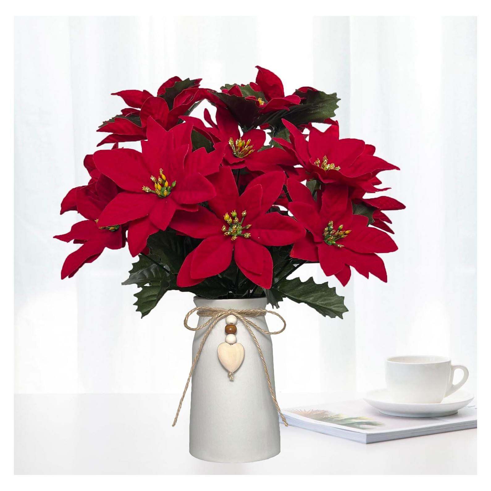 Arreglo Floral Poinsettia Roja Artificial HOPEME en Jarrón Blanco