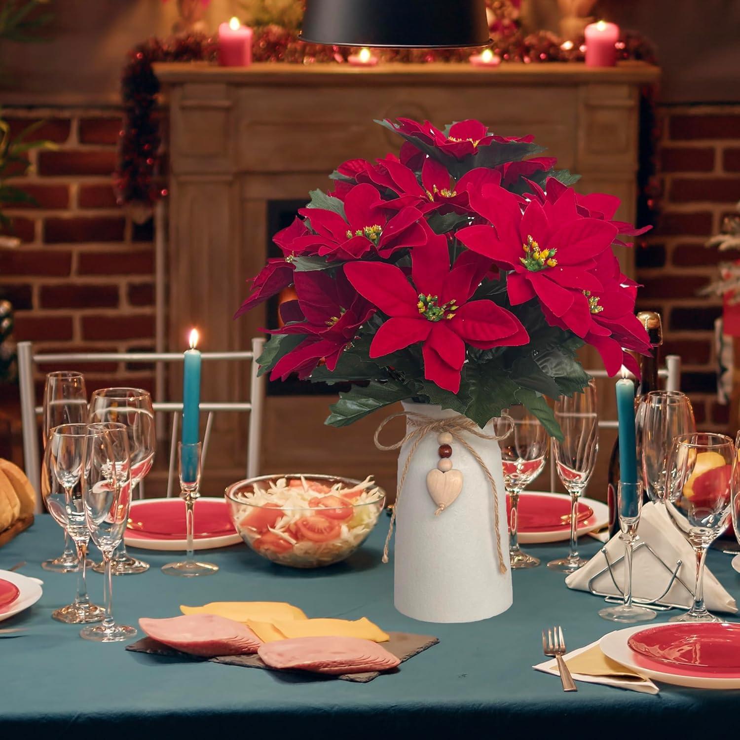 Arreglo Floral Poinsettia Roja Artificial HOPEME en Jarrón Blanco