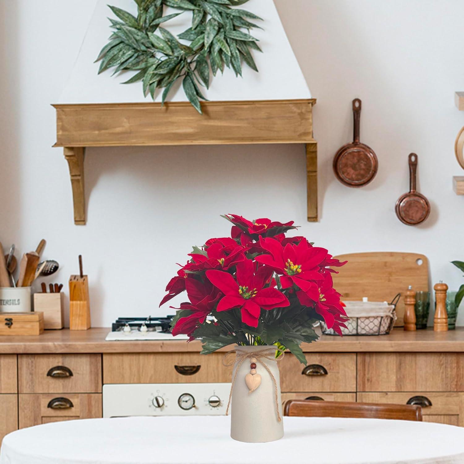 Arreglo Floral Poinsettia Roja Artificial HOPEME en Jarrón Blanco