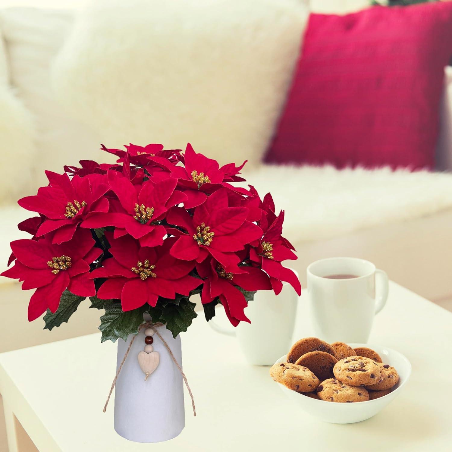 Arreglo Floral Poinsettia Roja Artificial HOPEME en Jarrón Blanco