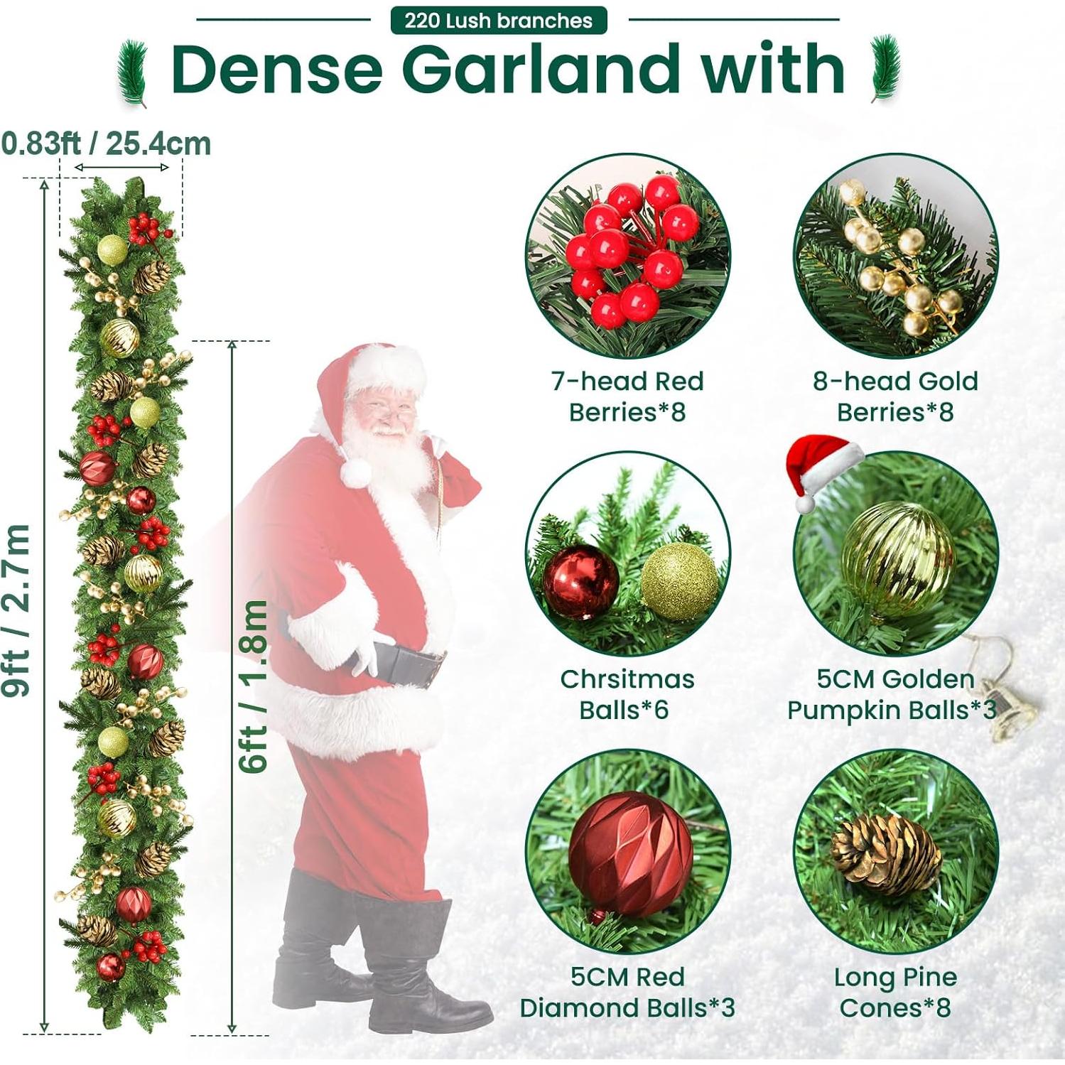 Guirnalda de Navidad Preiluminada 2.74M con Luces y Piñas