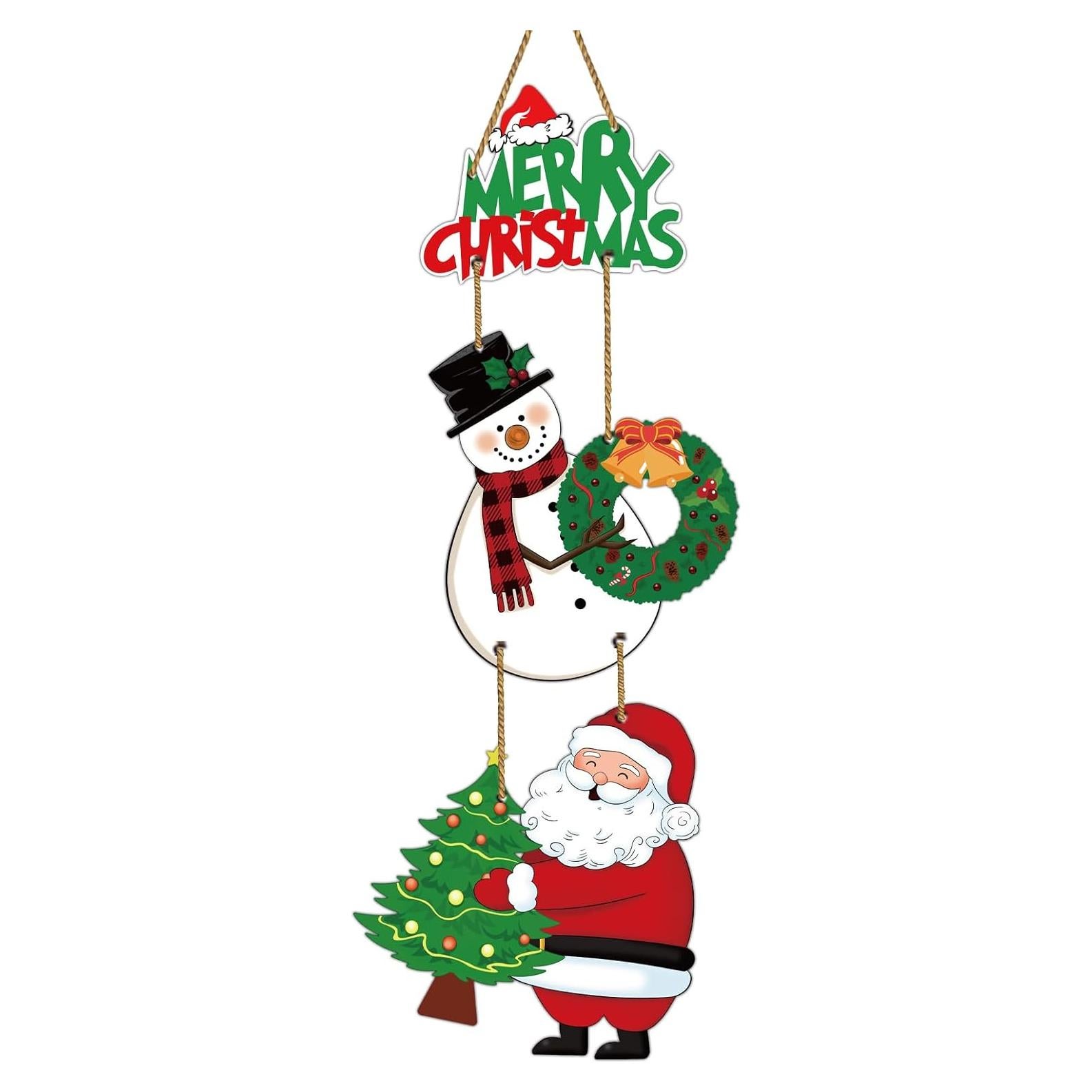 Decoración Navideña para Puerta - Cartel Feliz Navidad con Muñeco de Nieve y Santa Claus