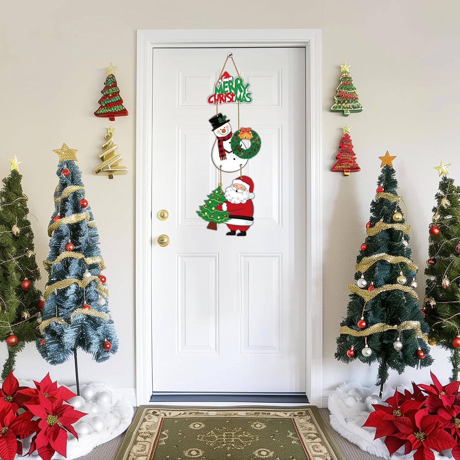 Decoración Navideña para Puerta - Cartel Feliz Navidad con Muñeco de Nieve y Santa Claus