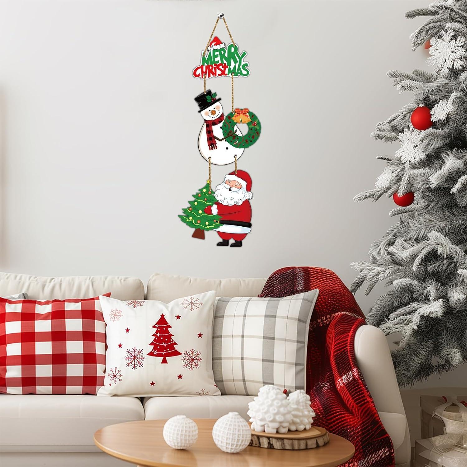 Decoración Navideña para Puerta - Cartel Feliz Navidad con Muñeco de Nieve y Santa Claus