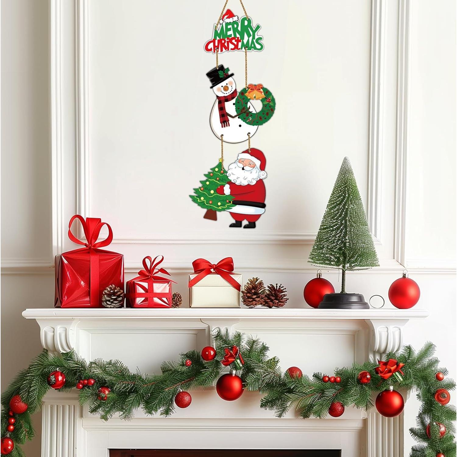 Decoración Navideña para Puerta - Cartel Feliz Navidad con Muñeco de Nieve y Santa Claus