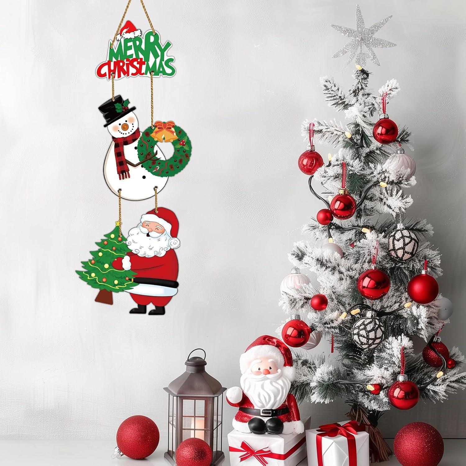 Decoración Navideña para Puerta - Cartel Feliz Navidad con Muñeco de Nieve y Santa Claus