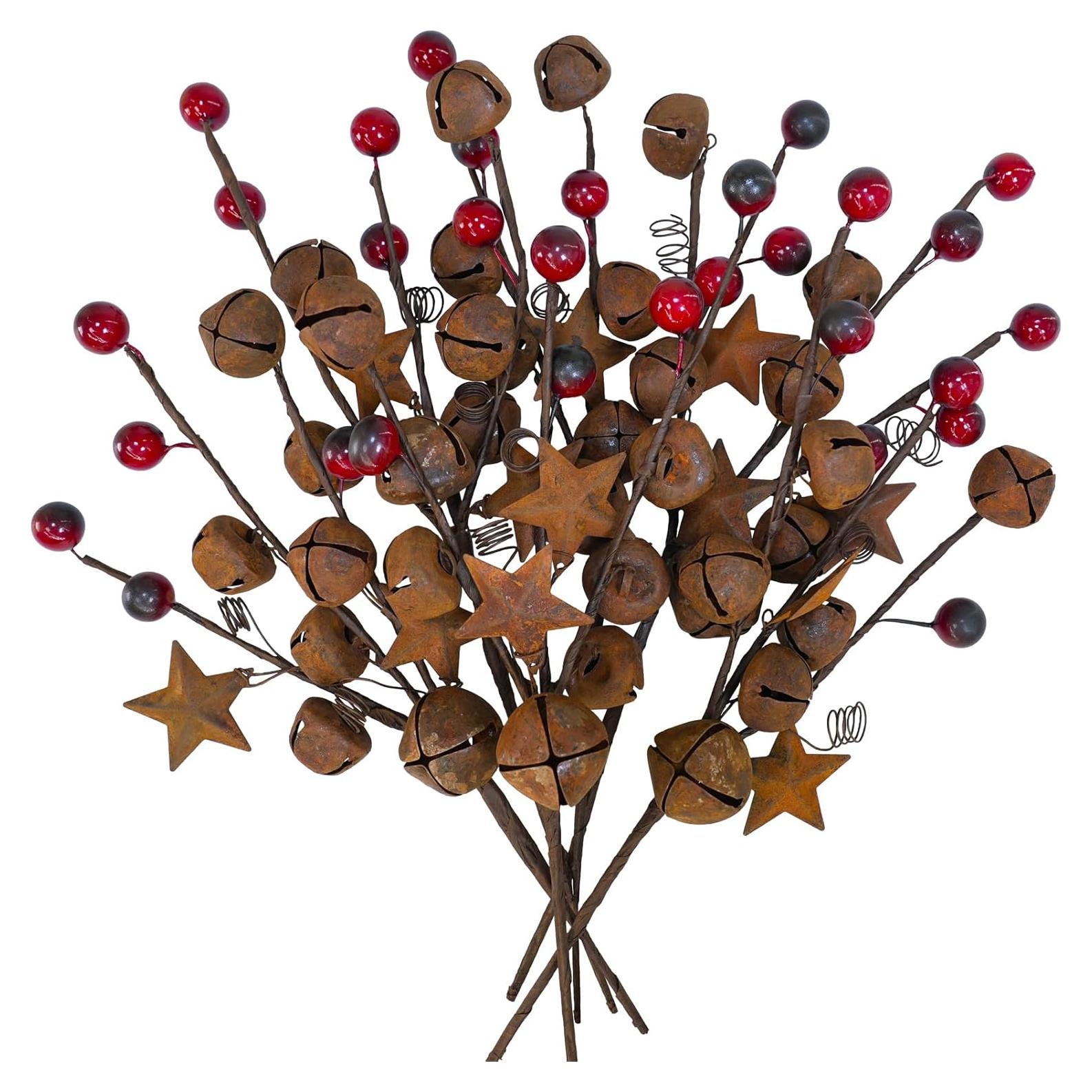 Ramo Floral Navideño Winlyn 6 Pcs Campanas y Estrellas Oxidadas