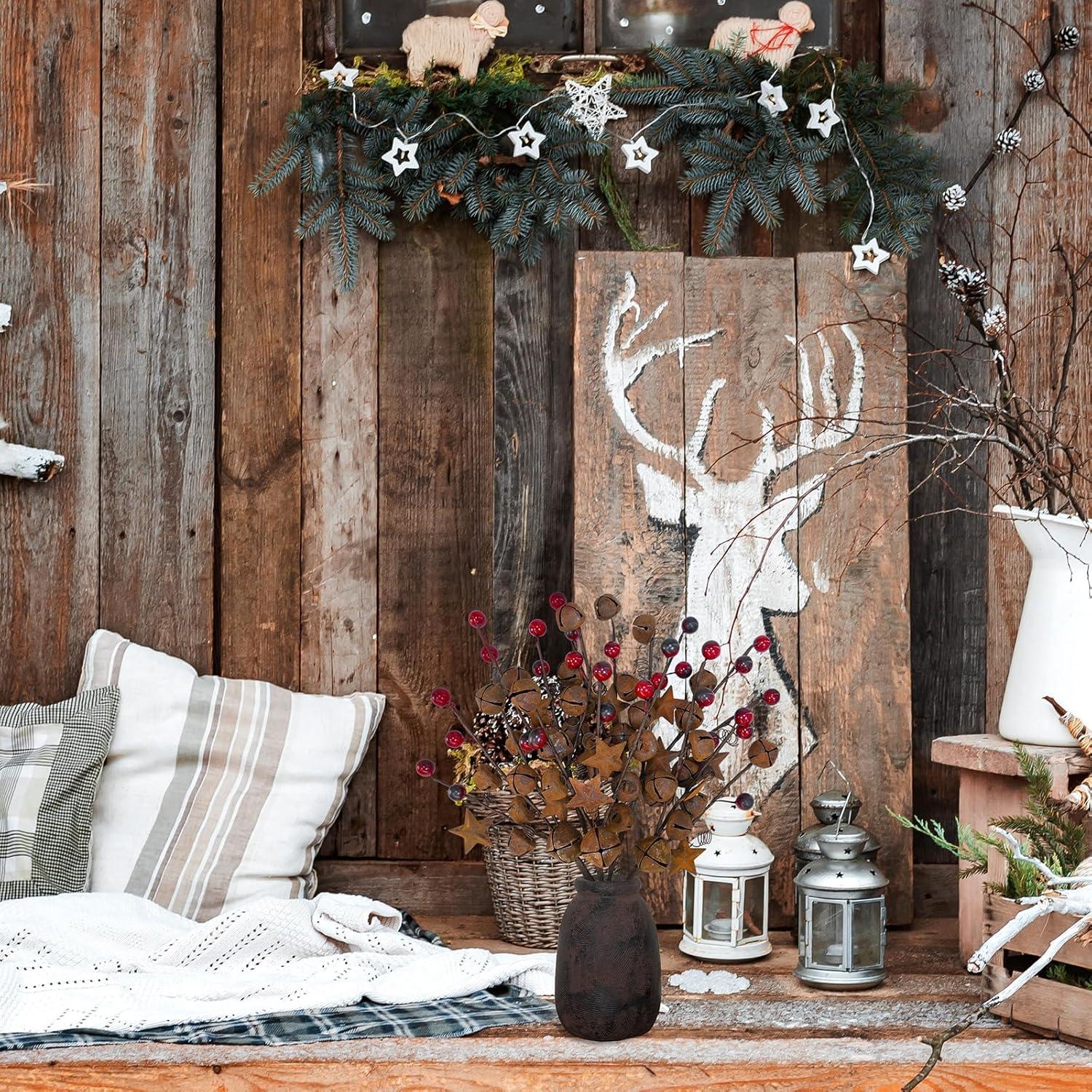 Ramo Floral Navideño Winlyn 6 Pcs Campanas y Estrellas Oxidadas