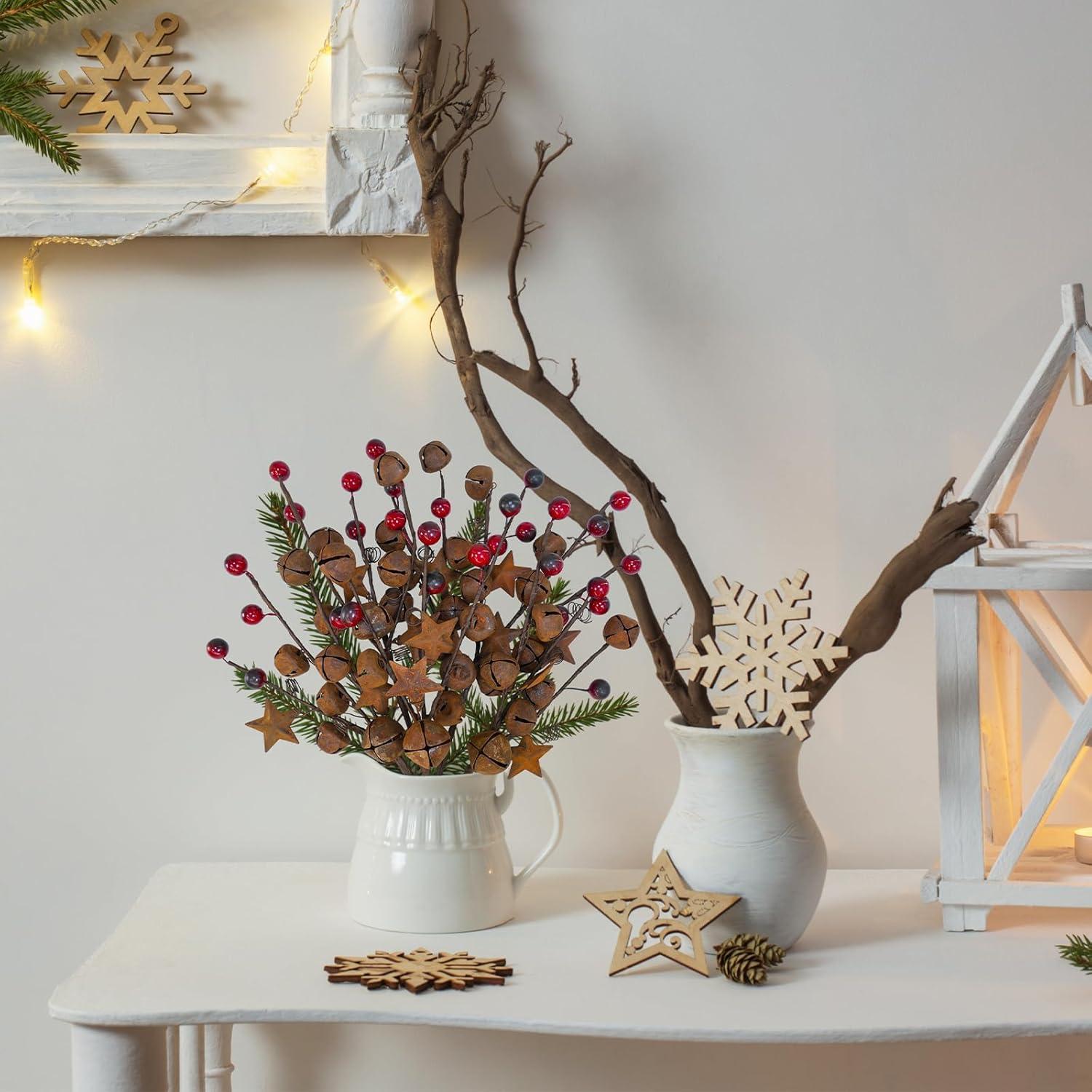 Ramo Floral Navideño Winlyn 6 Pcs Campanas y Estrellas Oxidadas