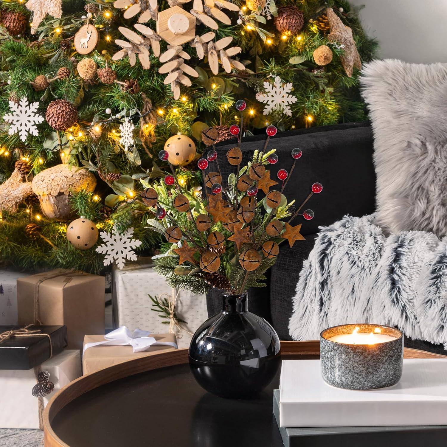 Ramo Floral Navideño Winlyn 6 Pcs Campanas y Estrellas Oxidadas