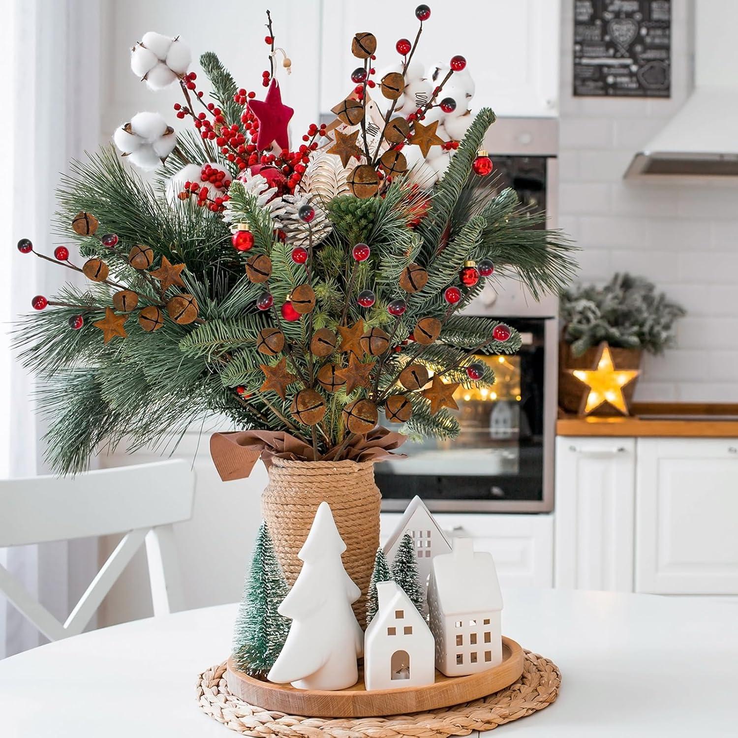 Ramo Floral Navideño Winlyn 6 Pcs Campanas y Estrellas Oxidadas