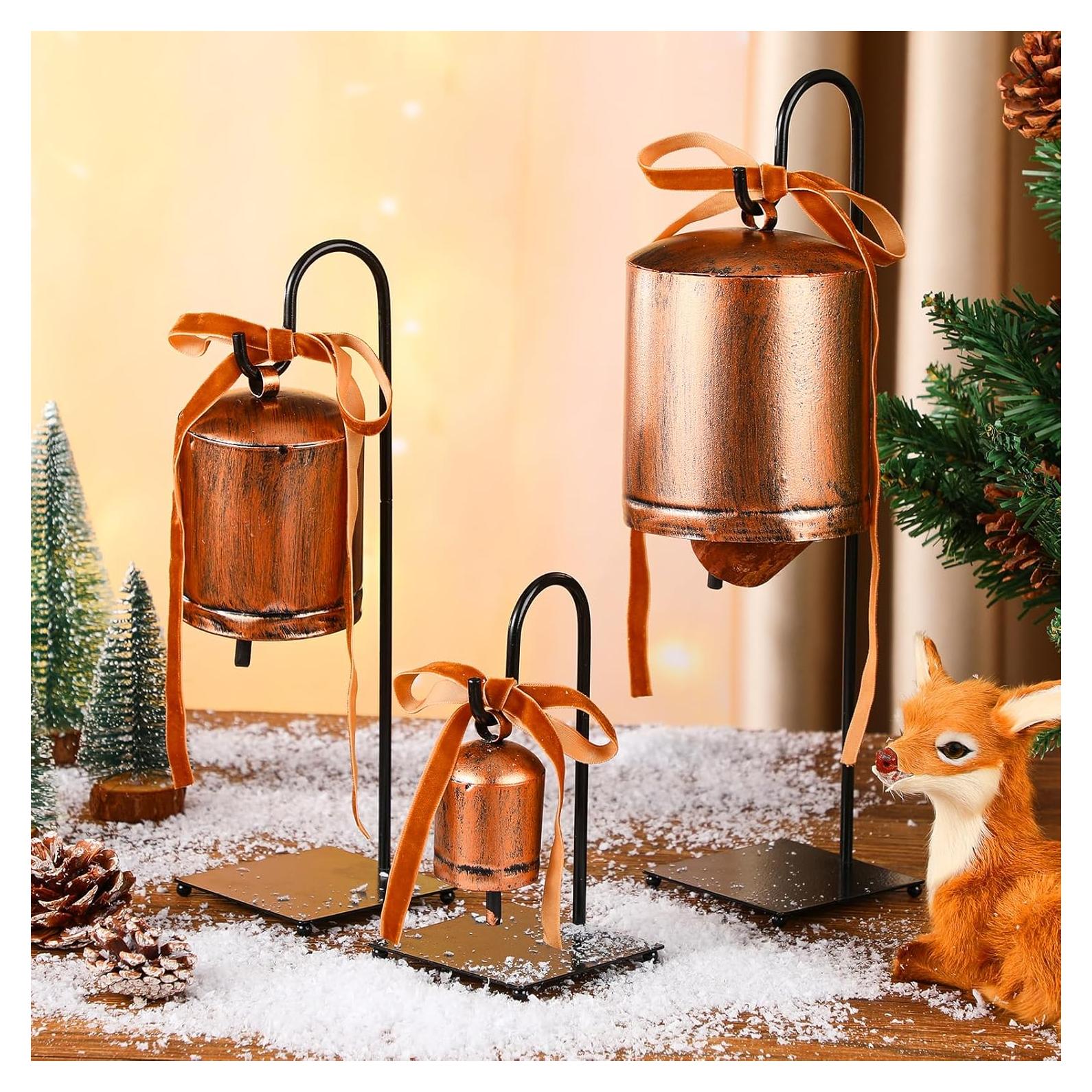 Campanas Decorativas de Navidad Vintage 3 Pcs con Soporte Metal