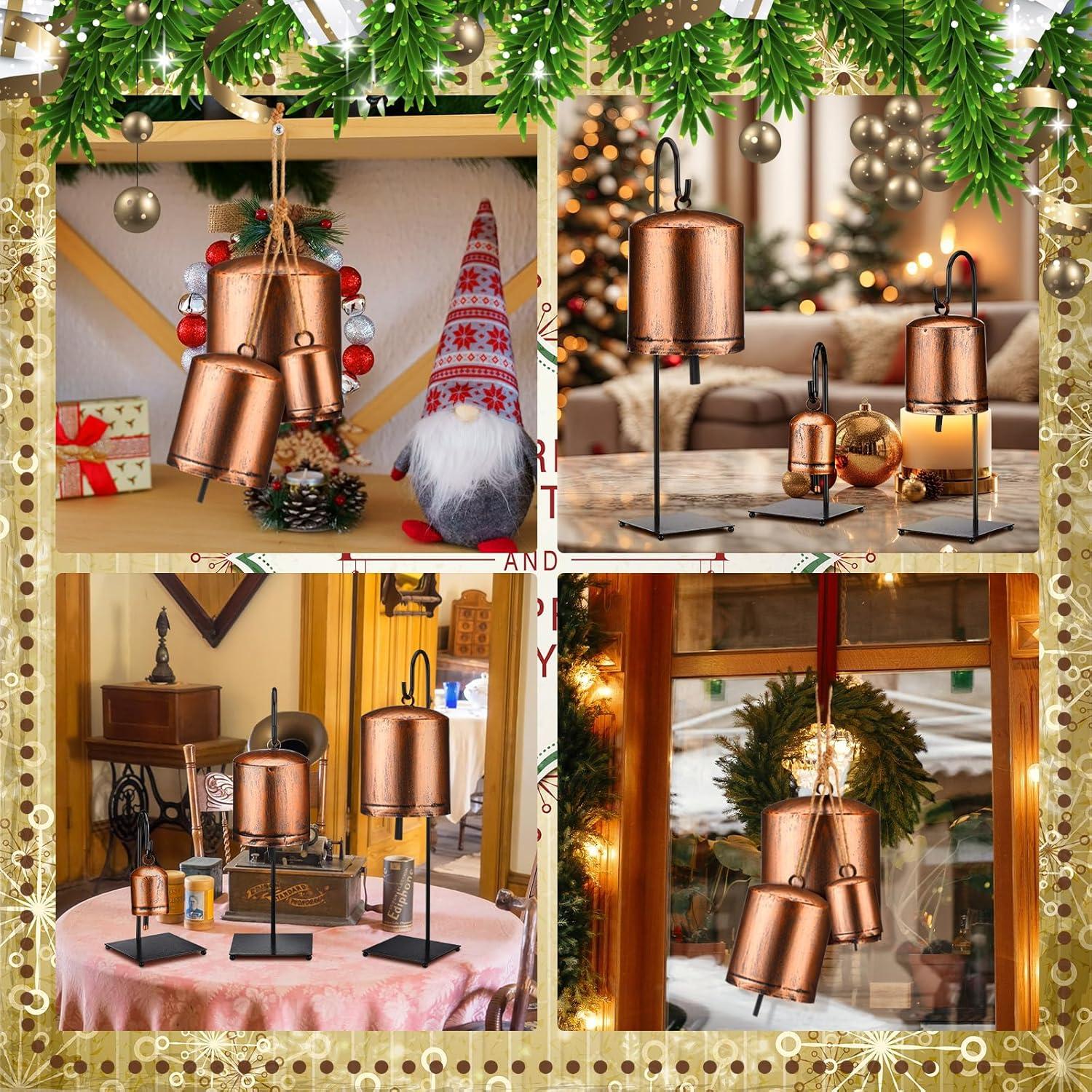 Campanas Decorativas de Navidad Vintage 3 Pcs con Soporte Metal