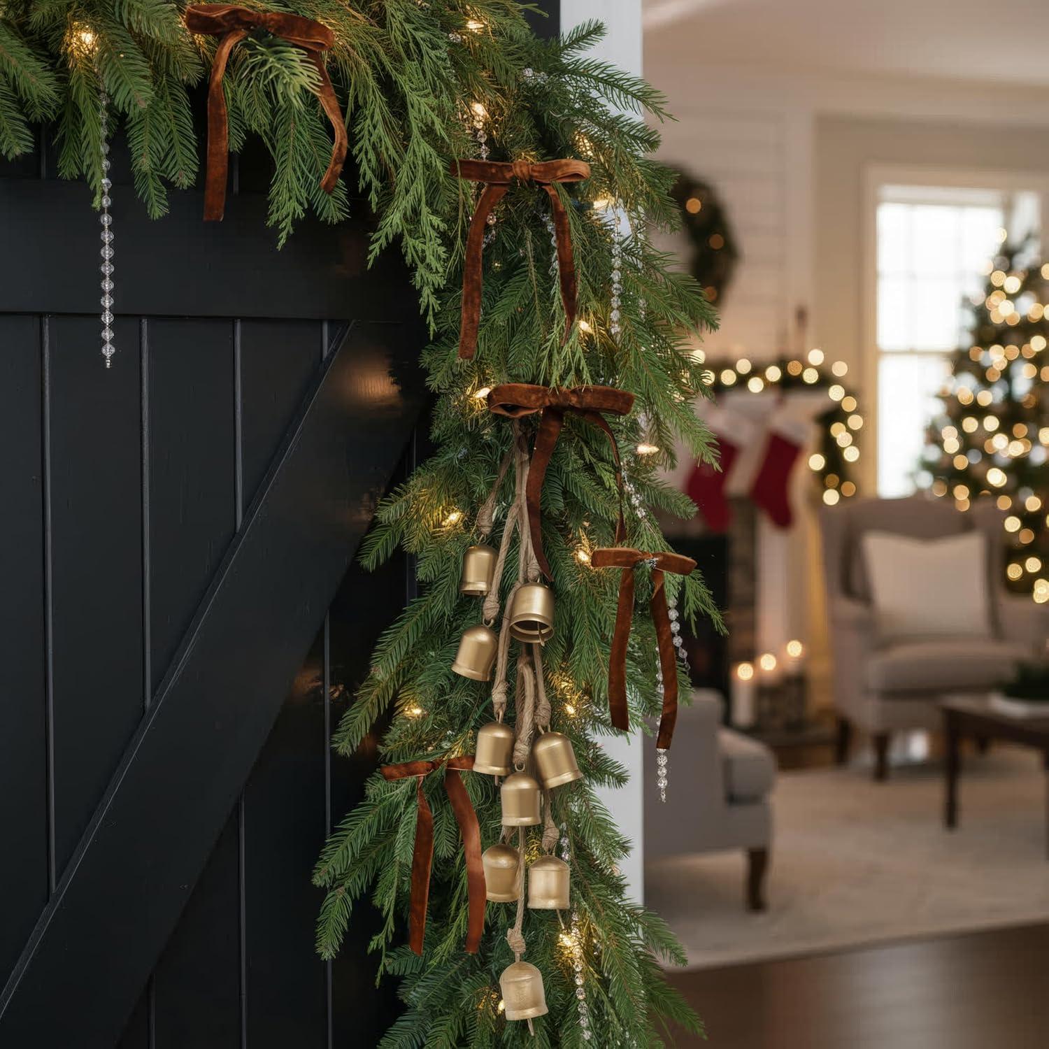 Adornos Navideños KIBAGA Campanas Doradas y Lazos Terciopelo