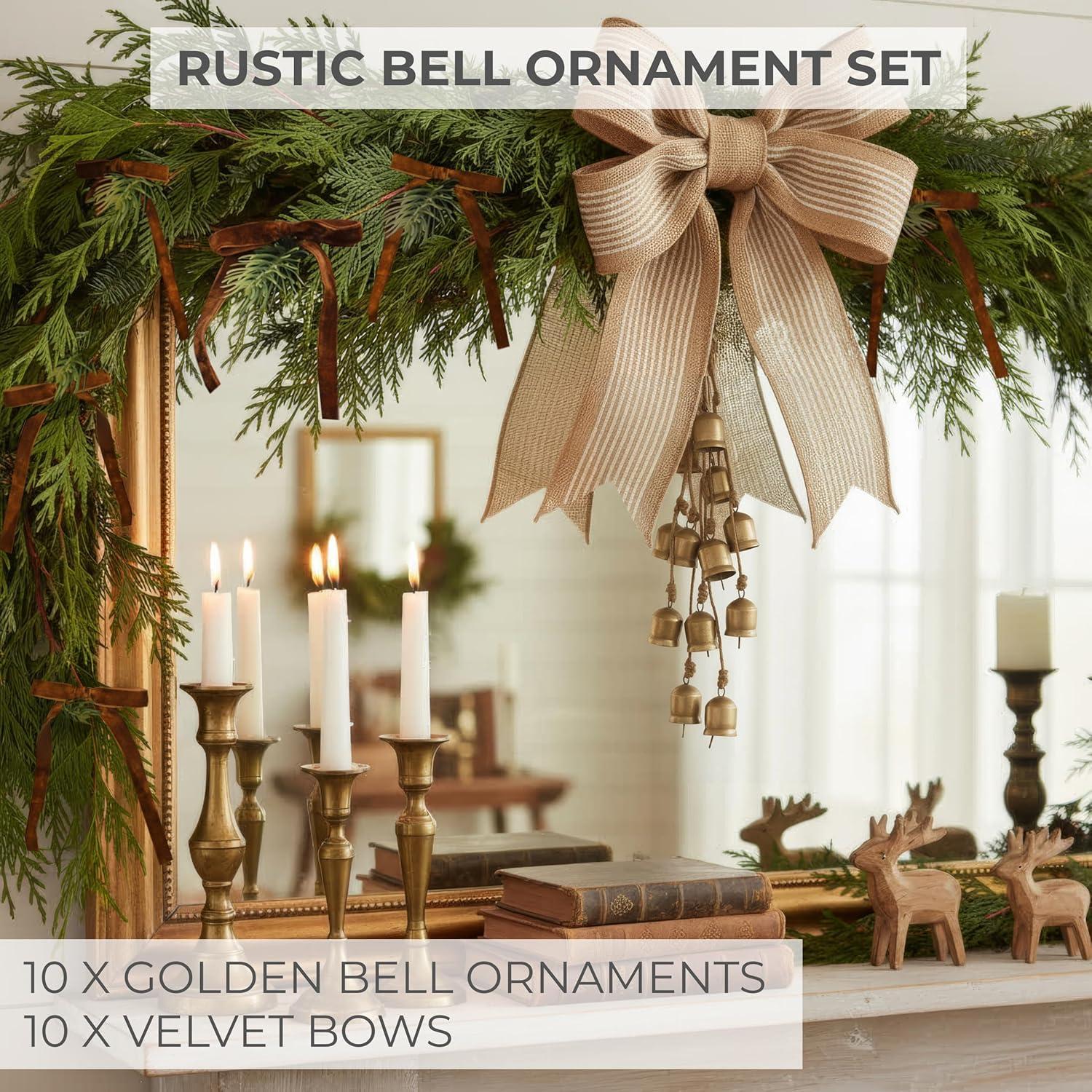 Adornos Navideños KIBAGA Campanas Doradas y Lazos Terciopelo