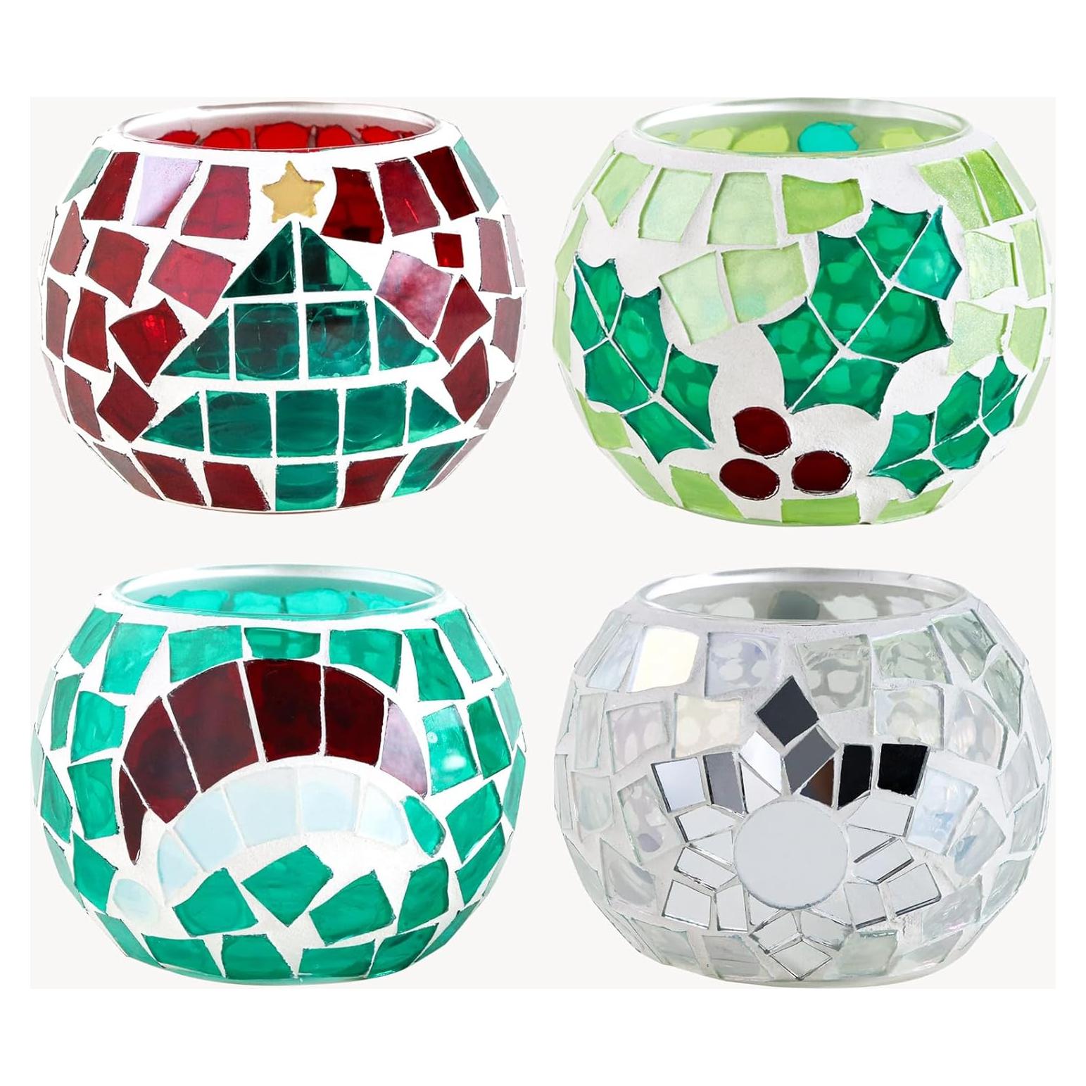 Juego de 4 Portavelas de Vidrio Mosaico SHMILMH 8.1 cm Navidad
