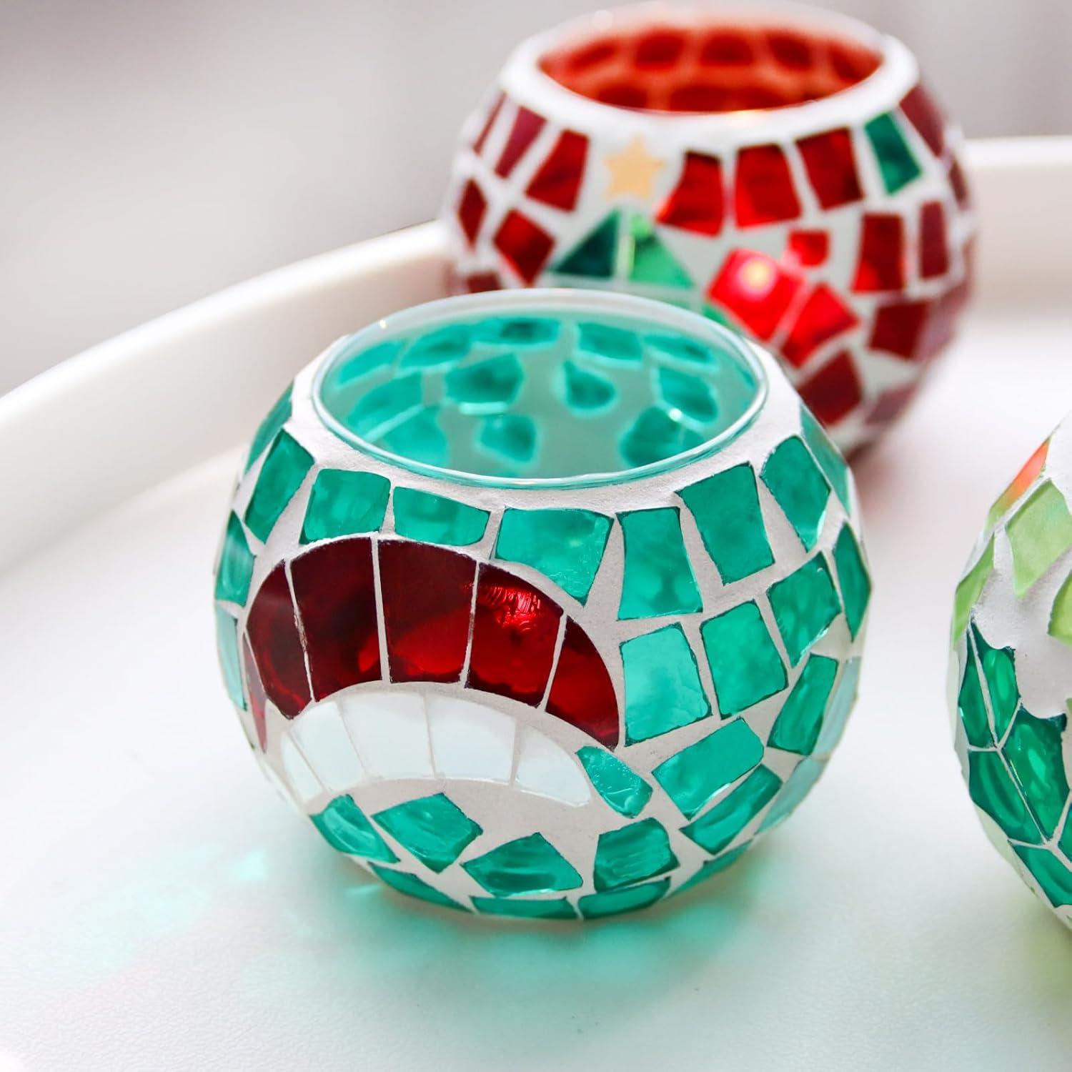 Juego de 4 Portavelas de Vidrio Mosaico SHMILMH 8.1 cm Navidad