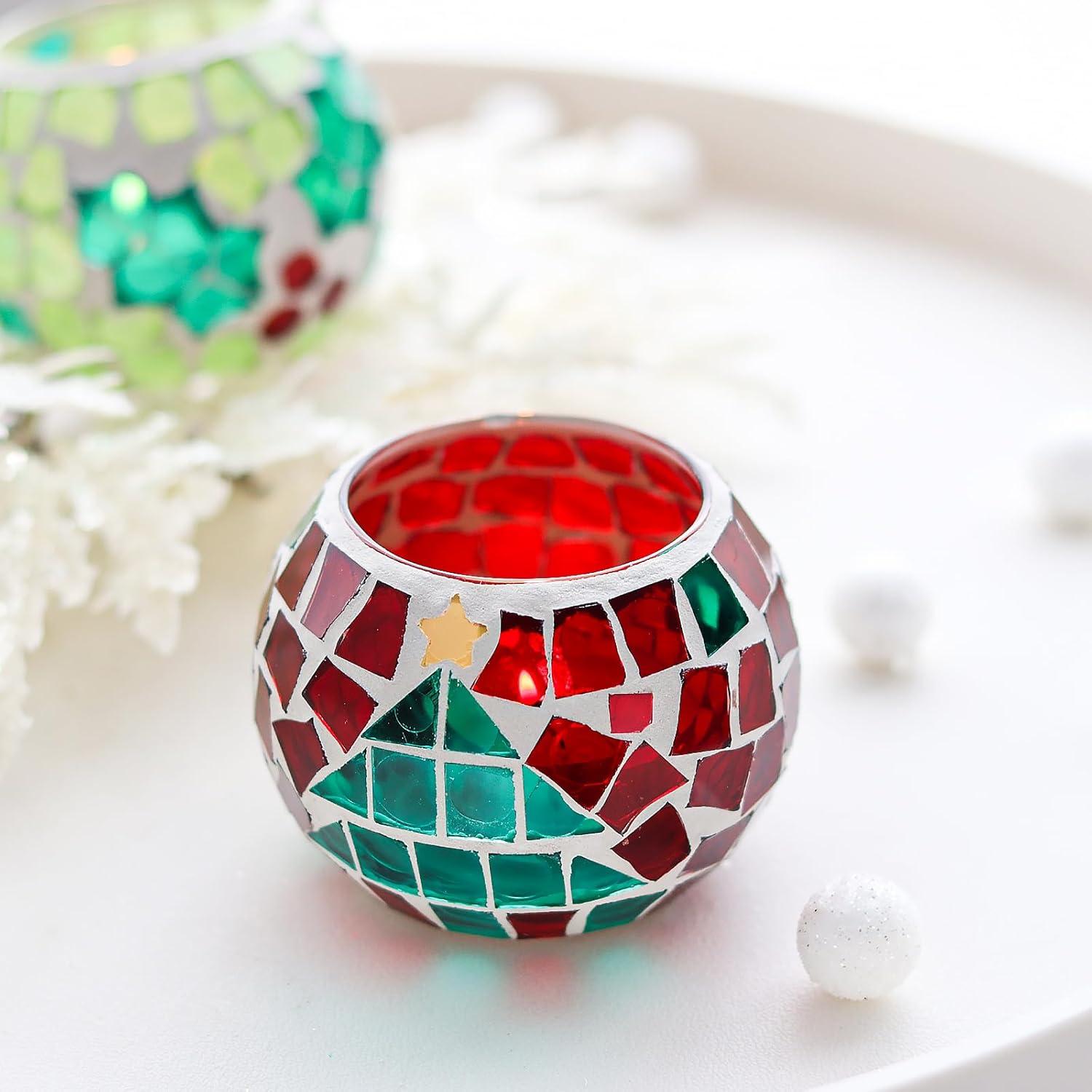 Juego de 4 Portavelas de Vidrio Mosaico SHMILMH 8.1 cm Navidad