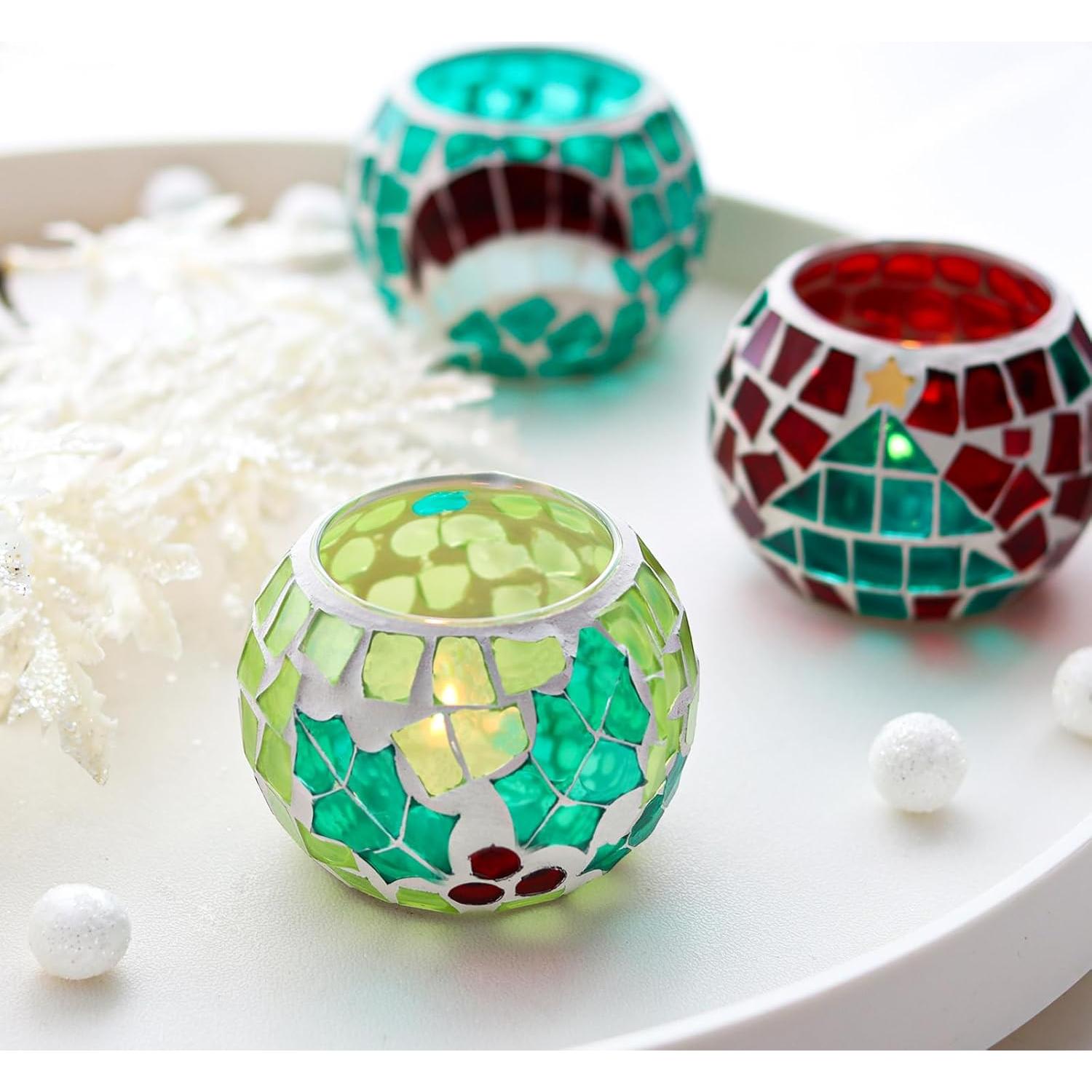 Juego de 4 Portavelas de Vidrio Mosaico SHMILMH 8.1 cm Navidad