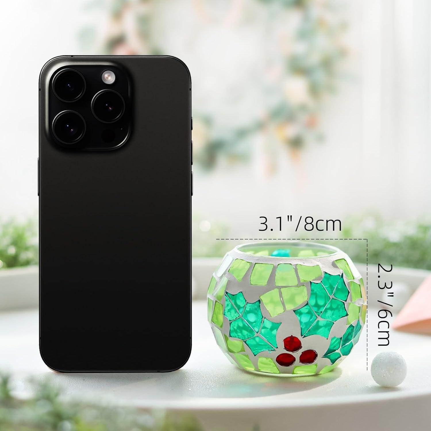 Juego de 4 Portavelas de Vidrio Mosaico SHMILMH 8.1 cm Navidad