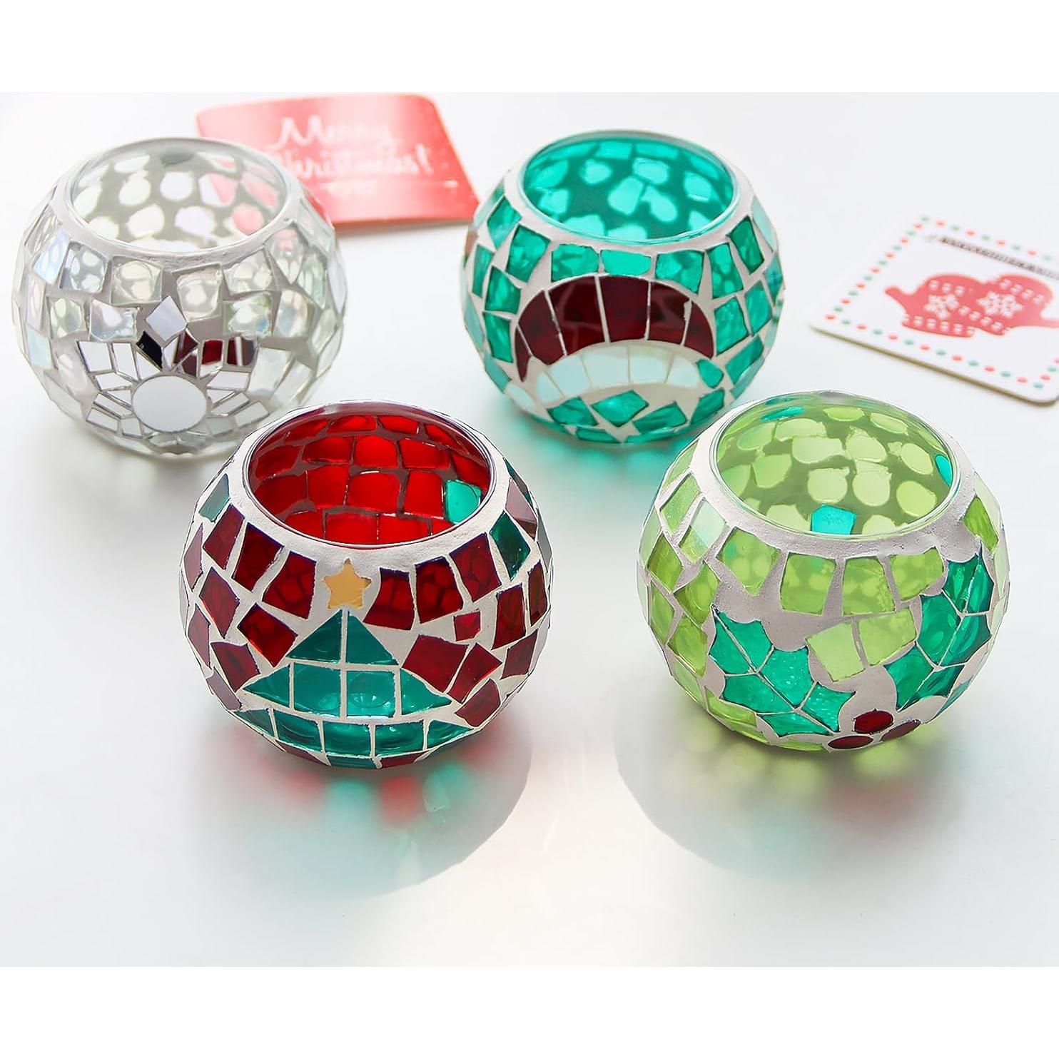 Juego de 4 Portavelas de Vidrio Mosaico SHMILMH 8.1 cm Navidad