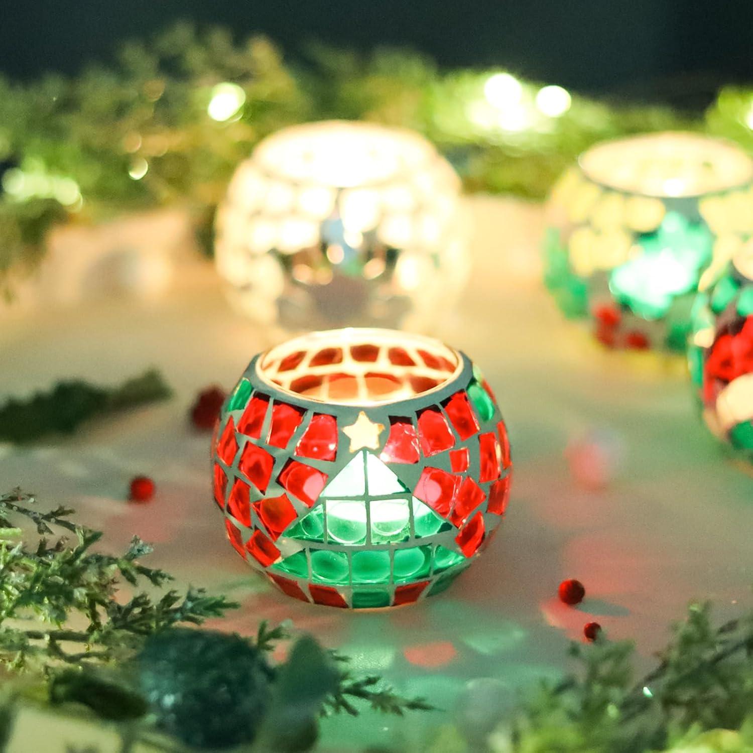 Juego de 4 Portavelas de Vidrio Mosaico SHMILMH 8.1 cm Navidad