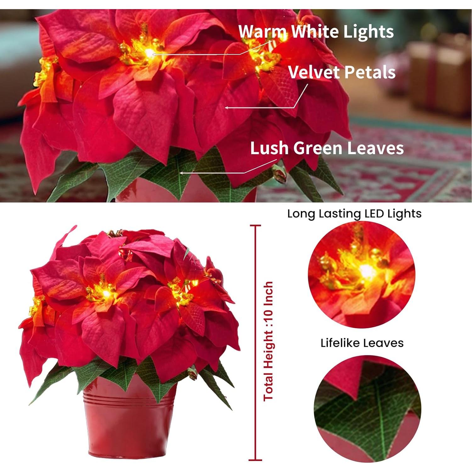 Paquete de 2 Poinsettias Artificiales Iluminadas HOMESEASONS 25.4 cm