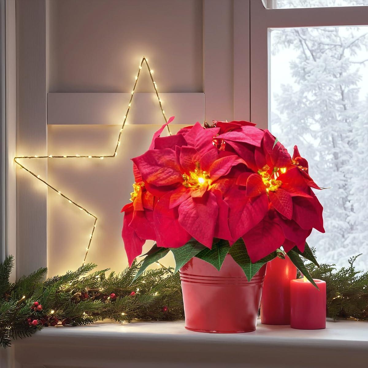 Paquete de 2 Poinsettias Artificiales Iluminadas HOMESEASONS 25.4 cm