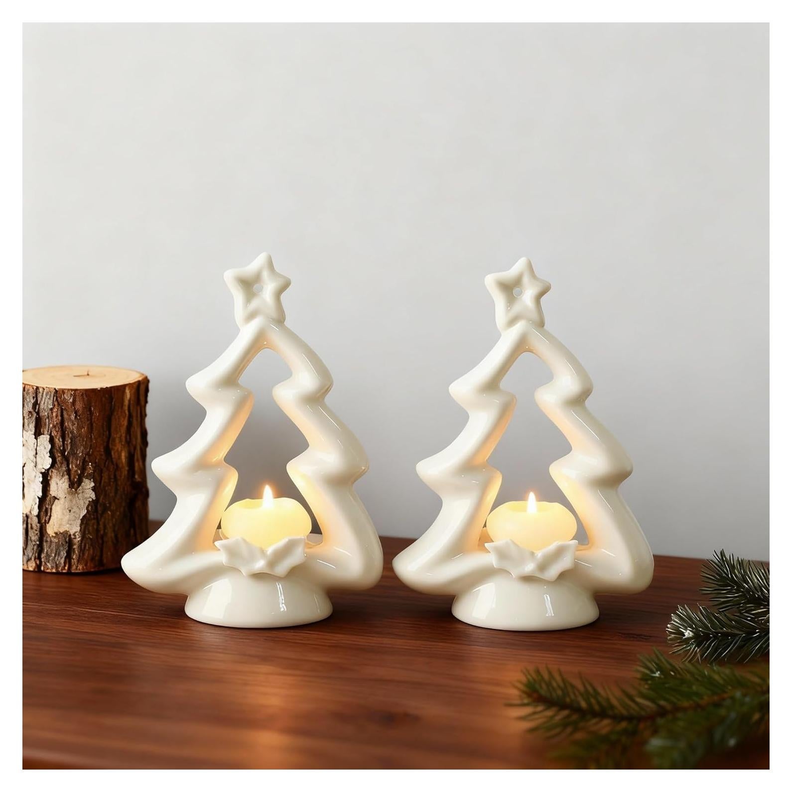 Soporte para Velas de Navidad Cerámica Blanca 2 Pcs 13x6x18.5cm
