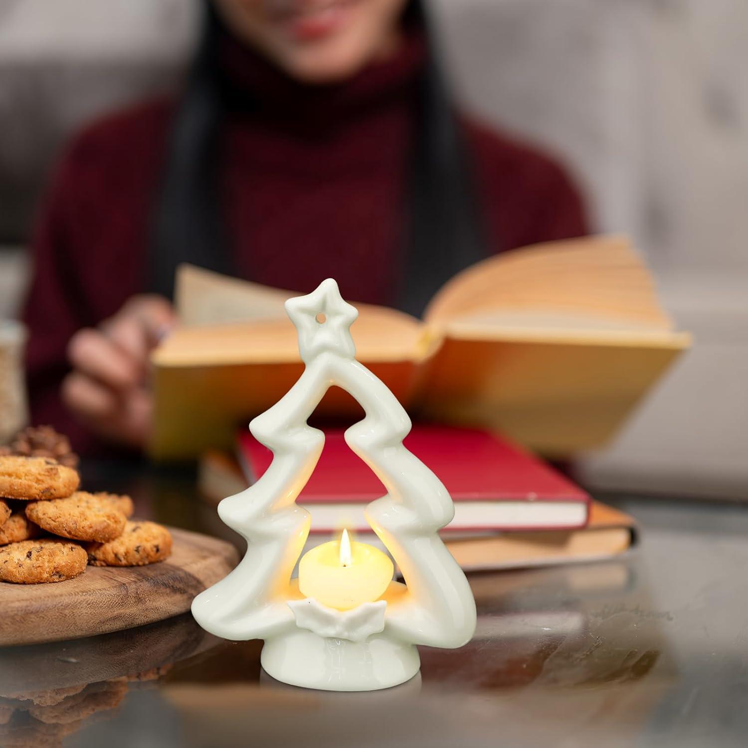 Soporte para Velas de Navidad Cerámica Blanca 2 Pcs 13x6x18.5cm