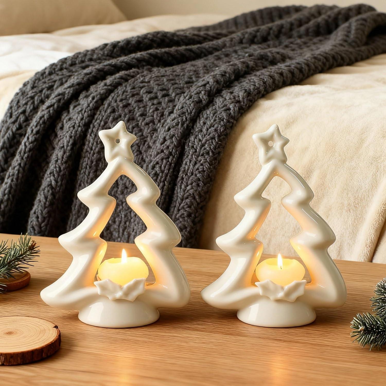 Soporte para Velas de Navidad Cerámica Blanca 2 Pcs 13x6x18.5cm
