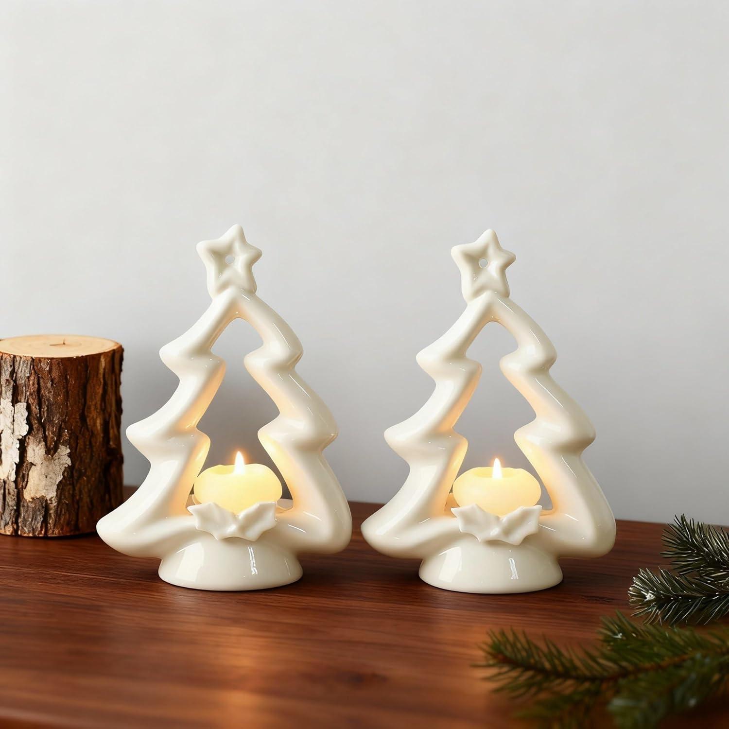 Soporte para Velas de Navidad Cerámica Blanca 2 Pcs 13x6x18.5cm