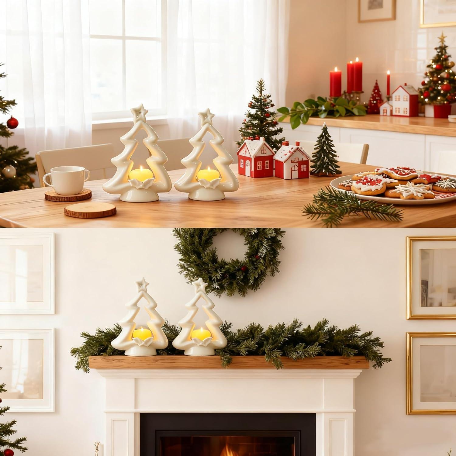 Soporte para Velas de Navidad Cerámica Blanca 2 Pcs 13x6x18.5cm