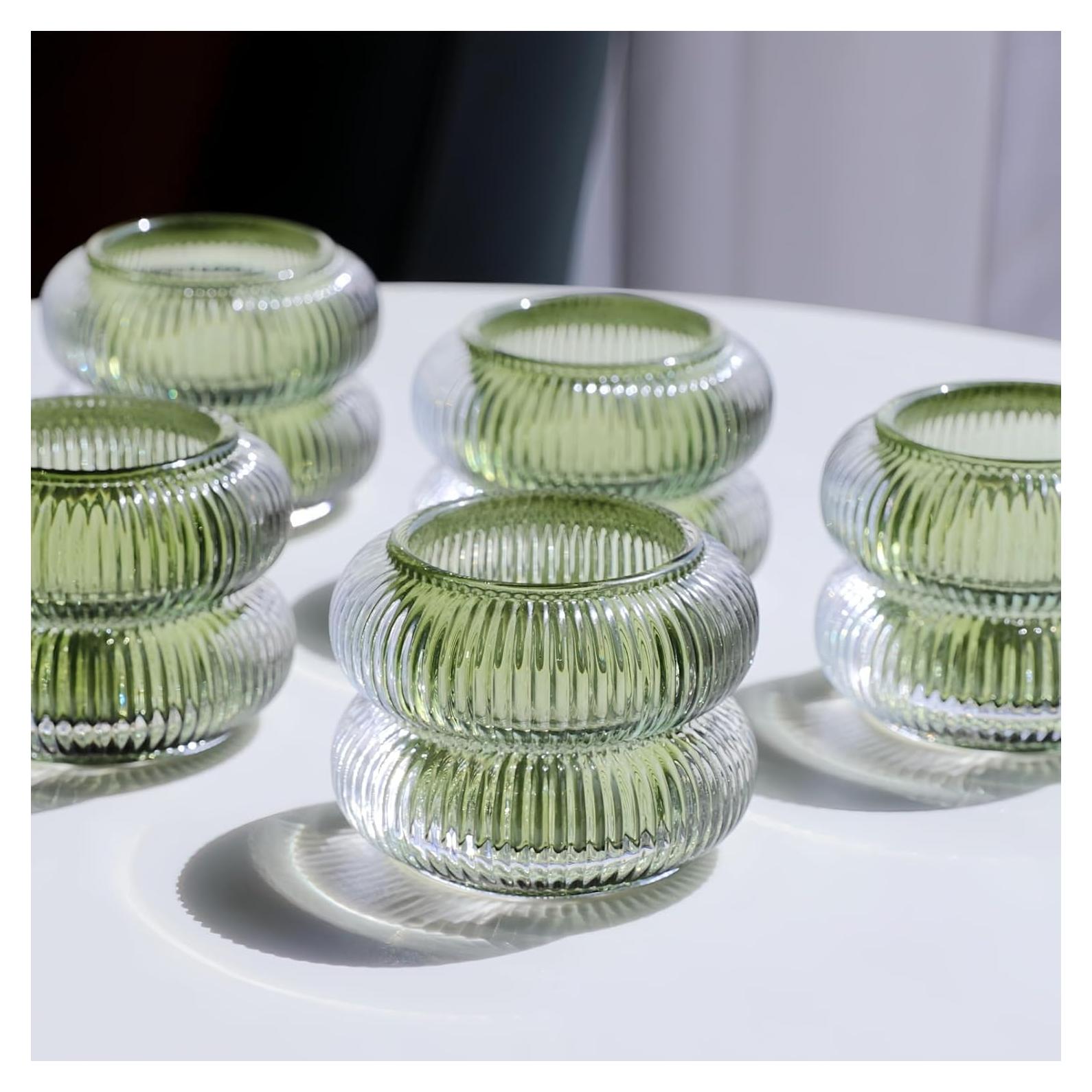 Juego de 6 Soportes para Velas de Vidrio Estriado Woho Verde