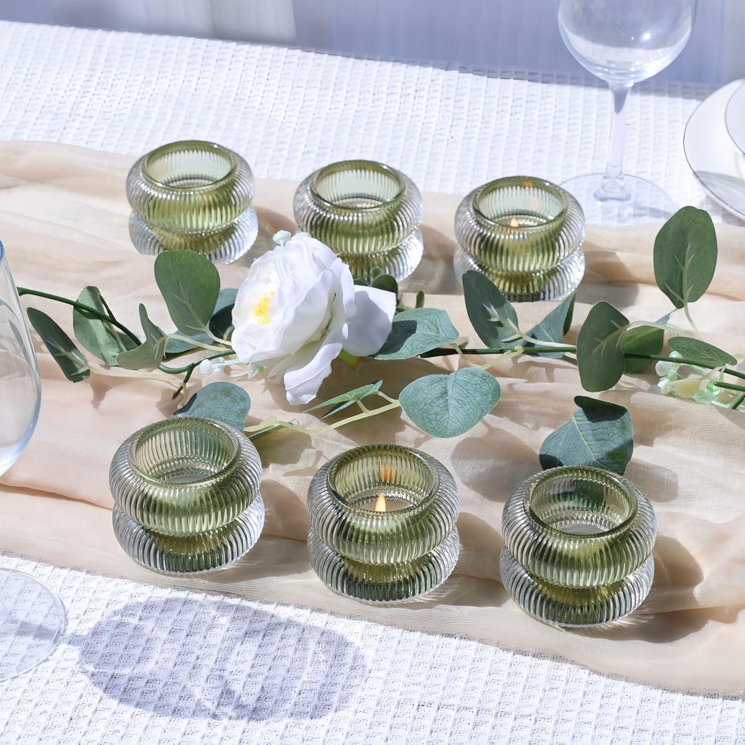 Juego de 6 Soportes para Velas de Vidrio Estriado Woho Verde