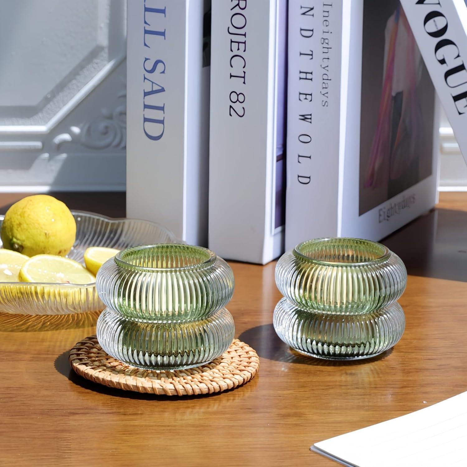 Juego de 6 Soportes para Velas de Vidrio Estriado Woho Verde