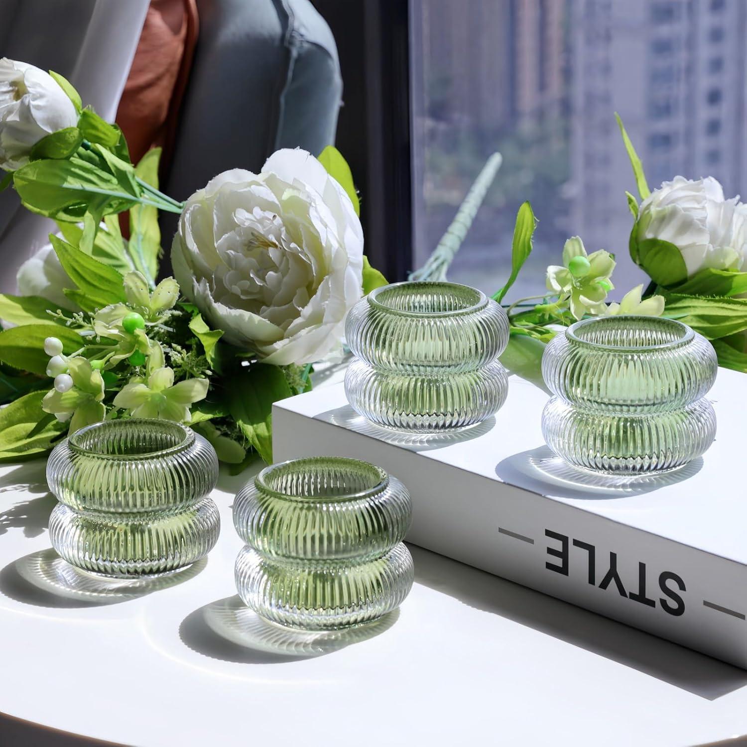 Juego de 6 Soportes para Velas de Vidrio Estriado Woho Verde