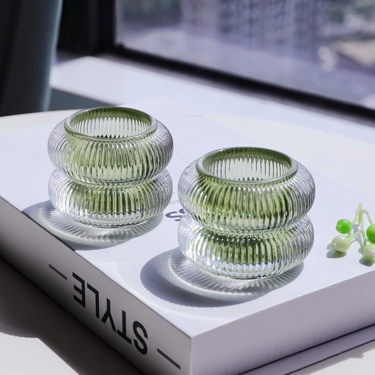 Juego de 6 Soportes para Velas de Vidrio Estriado Woho Verde