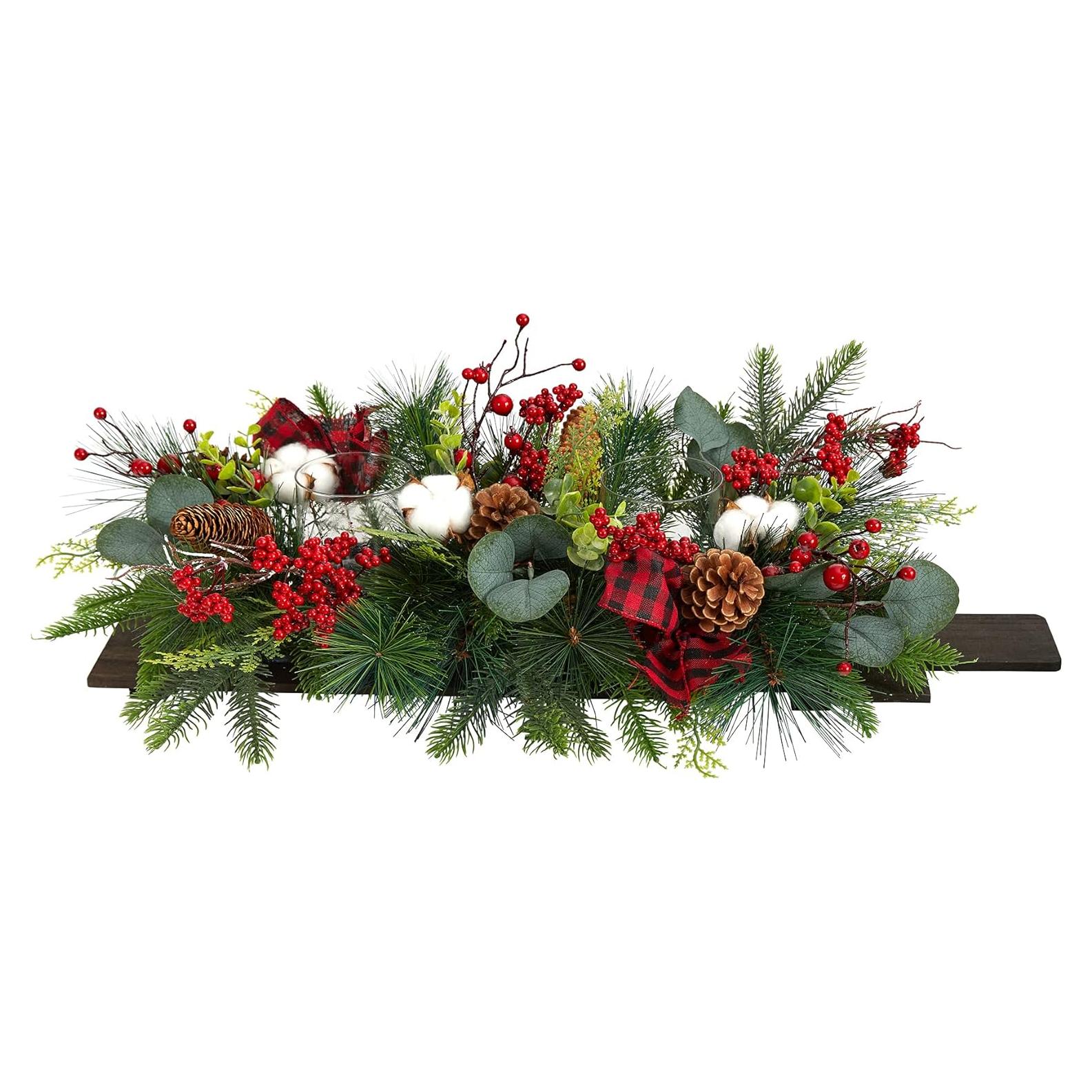 Arreglo Navideño Artificial Casi Natural 61cm con Piñas y Eucalipto