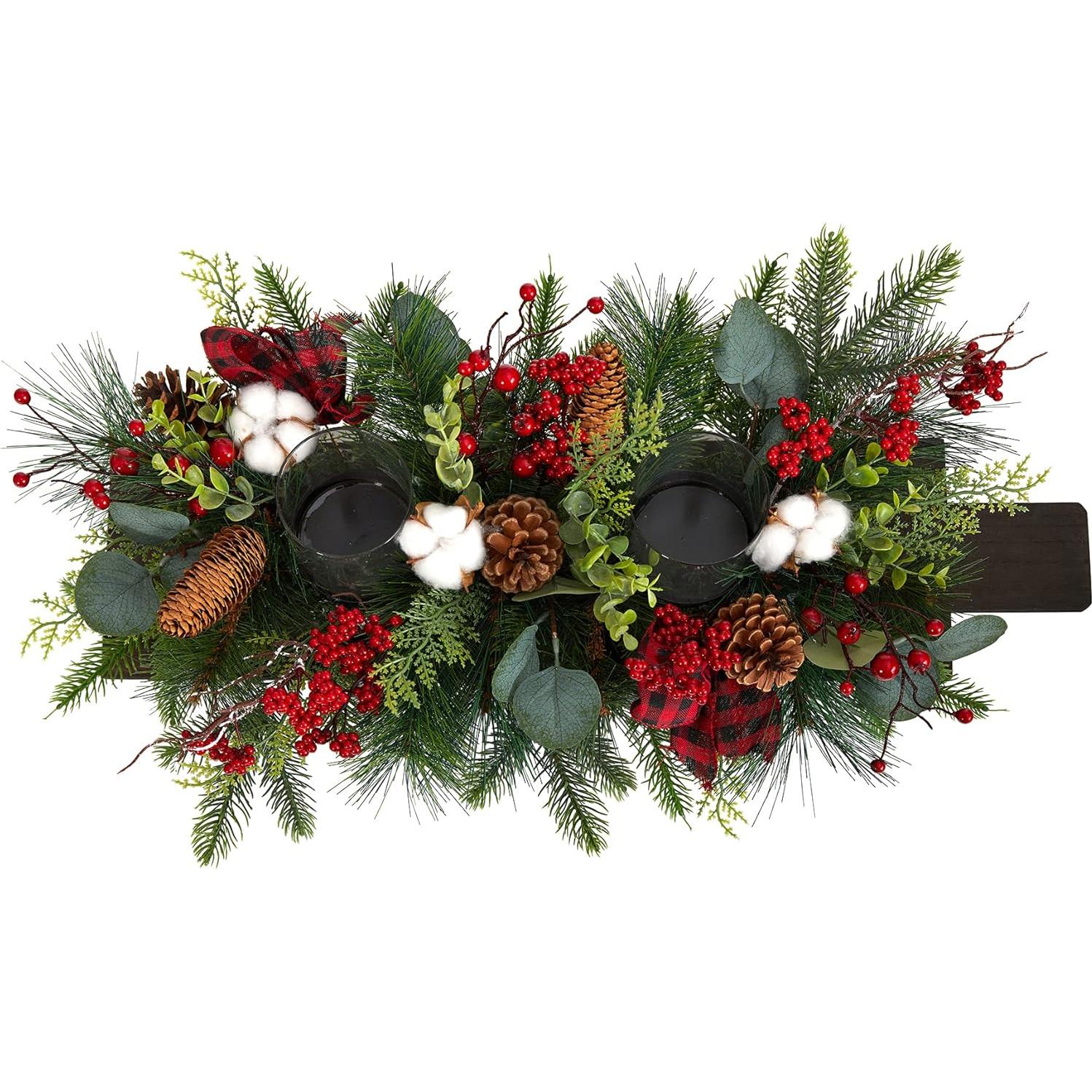 Arreglo Navideño Artificial Casi Natural 61cm con Piñas y Eucalipto