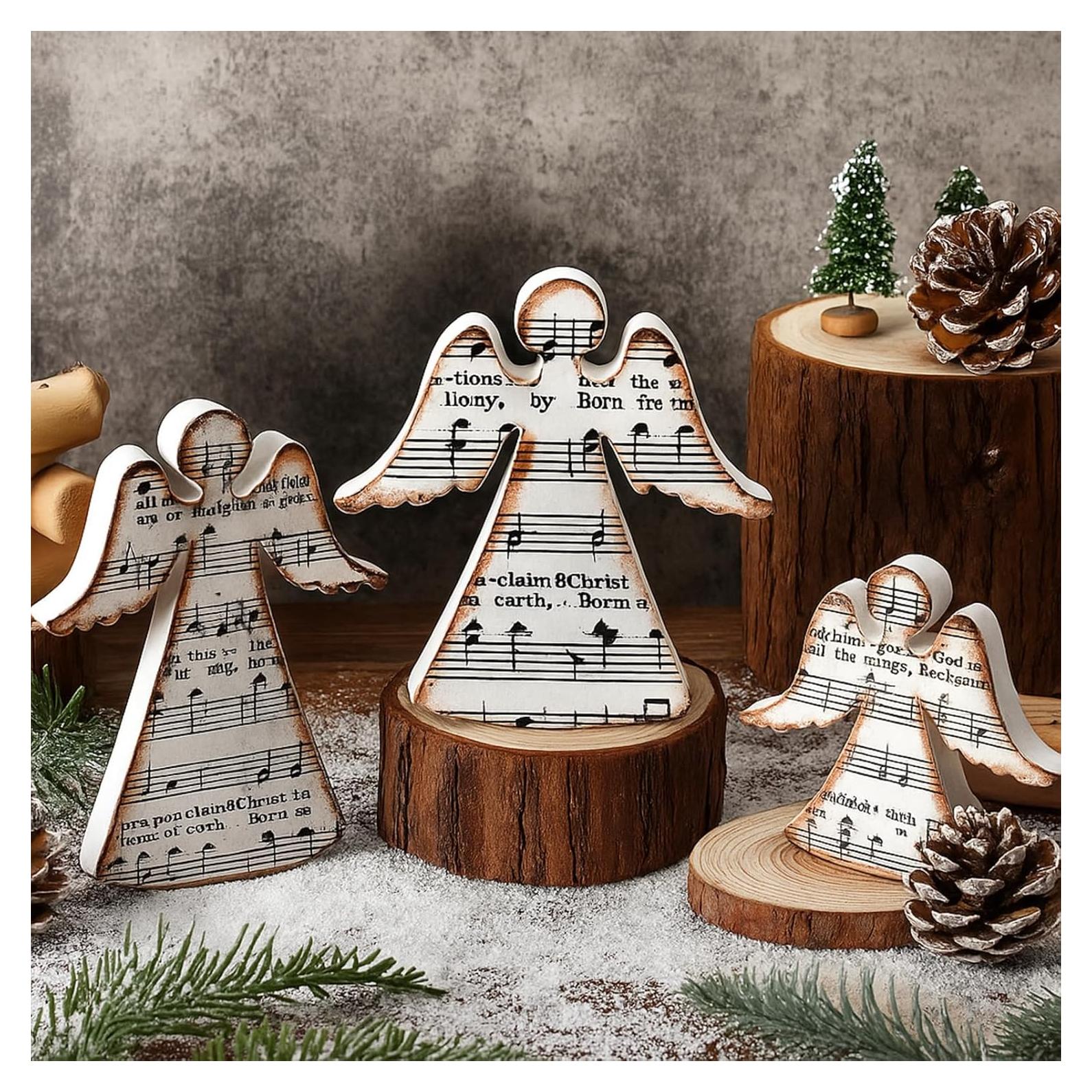 Redbaker 3 Piezas Decoración de Mesa de Ángel Navideño Madera